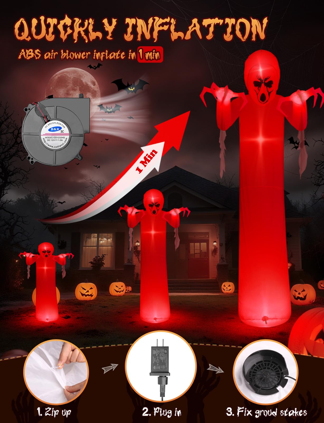 Quntis 12FT Giant Halloween Inflatable with Flowing Gauze, 7-Mode Color Changing RGB Lights, Scary White Ghost Halloween Blow Up Yard Decorations Outdoor for Lawn Garden Porch Party