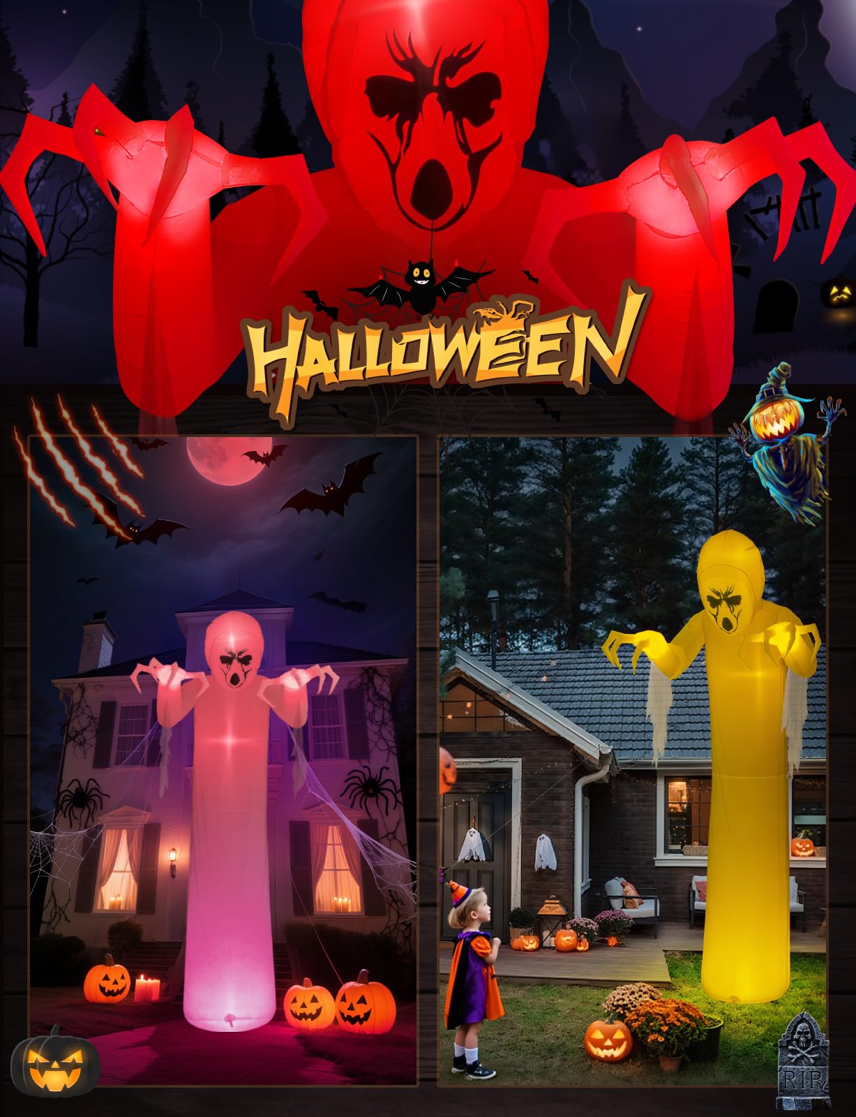 Quntis 12FT Giant Halloween Inflatable with Flowing Gauze, 7-Mode Color Changing RGB Lights, Scary White Ghost Halloween Blow Up Yard Decorations Outdoor for Lawn Garden Porch Party