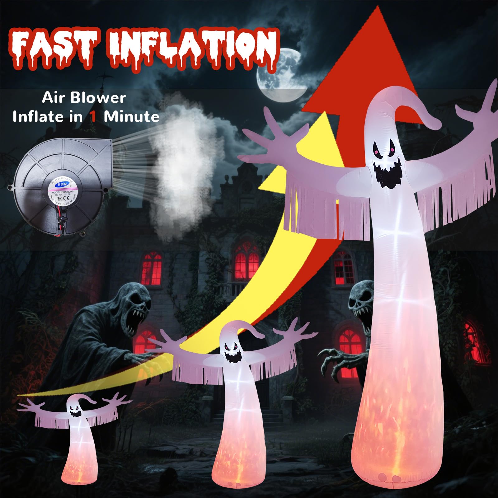 12FT Halloween Inflatables Outdoor Decorations: Inflatable Ghost with Fire Flame and Blinking Red Eyes, Blow up Decor for Yard Garden Lawn Home Holiday Party