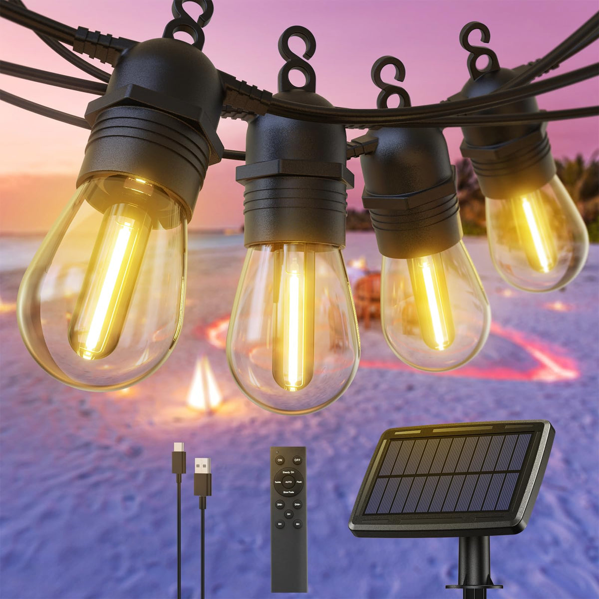 Quntis 57FT Solar-Lichterkette, bruchsichere S14-LED-Glühbirnen mit Fe
