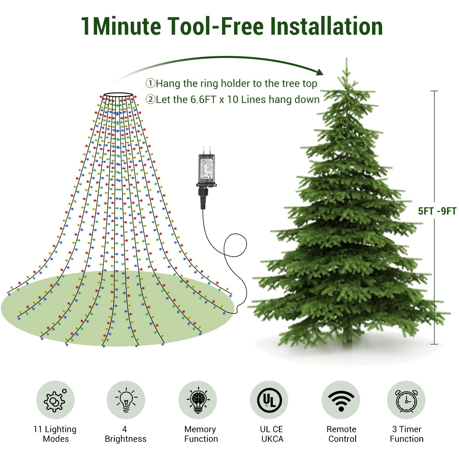Quntis Color Changing XMAS Tree Lights – 400 Diamond LEDs, 11 Lighting Modes, 3 Timers, 4 Brightness Levels, Memory Function, 6.6FT x 10 Lines, Waterproof for Outdoor & Indoor Use