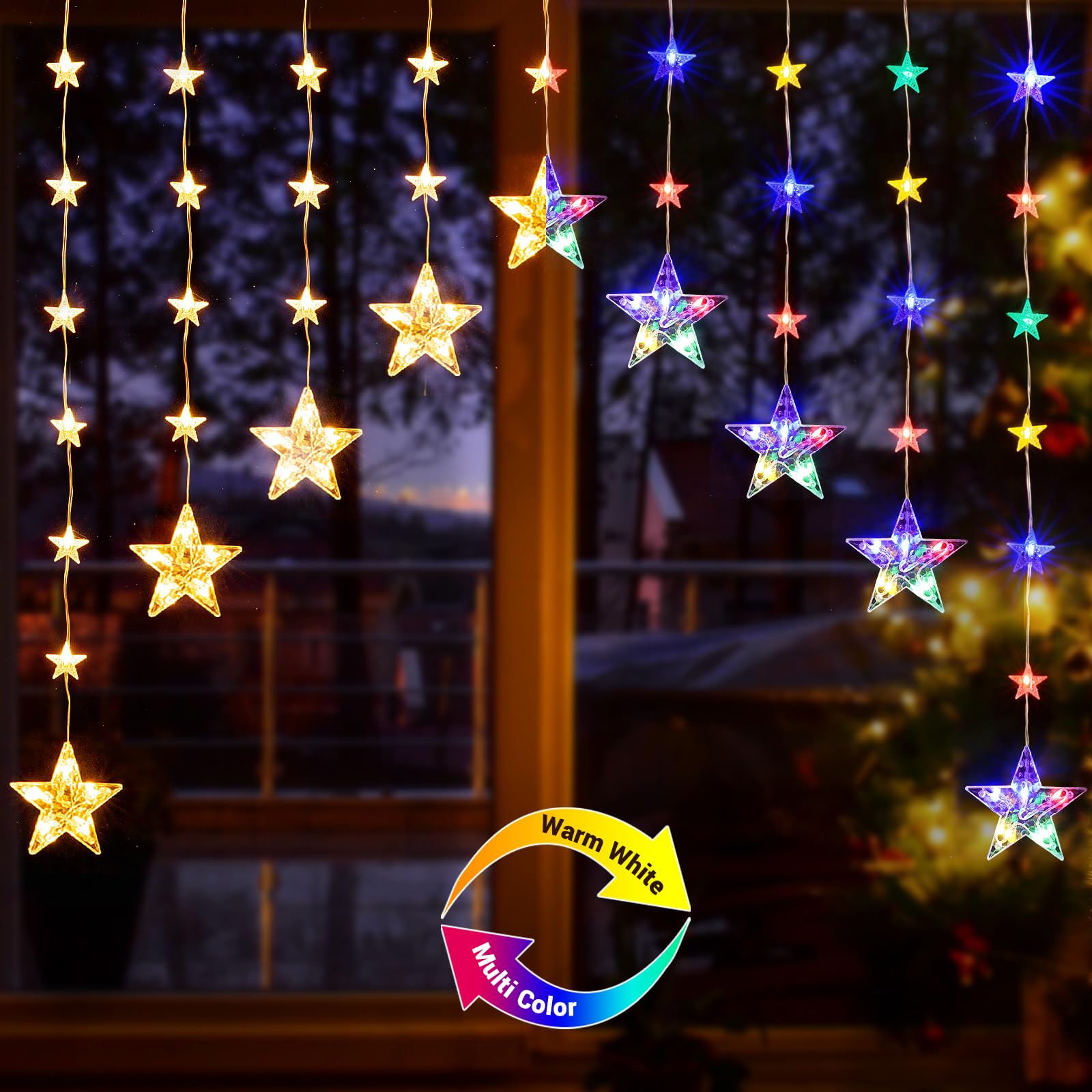 Quntis Christmas Curtain Lights Color Changing, 76LED 9 Stars Battery
