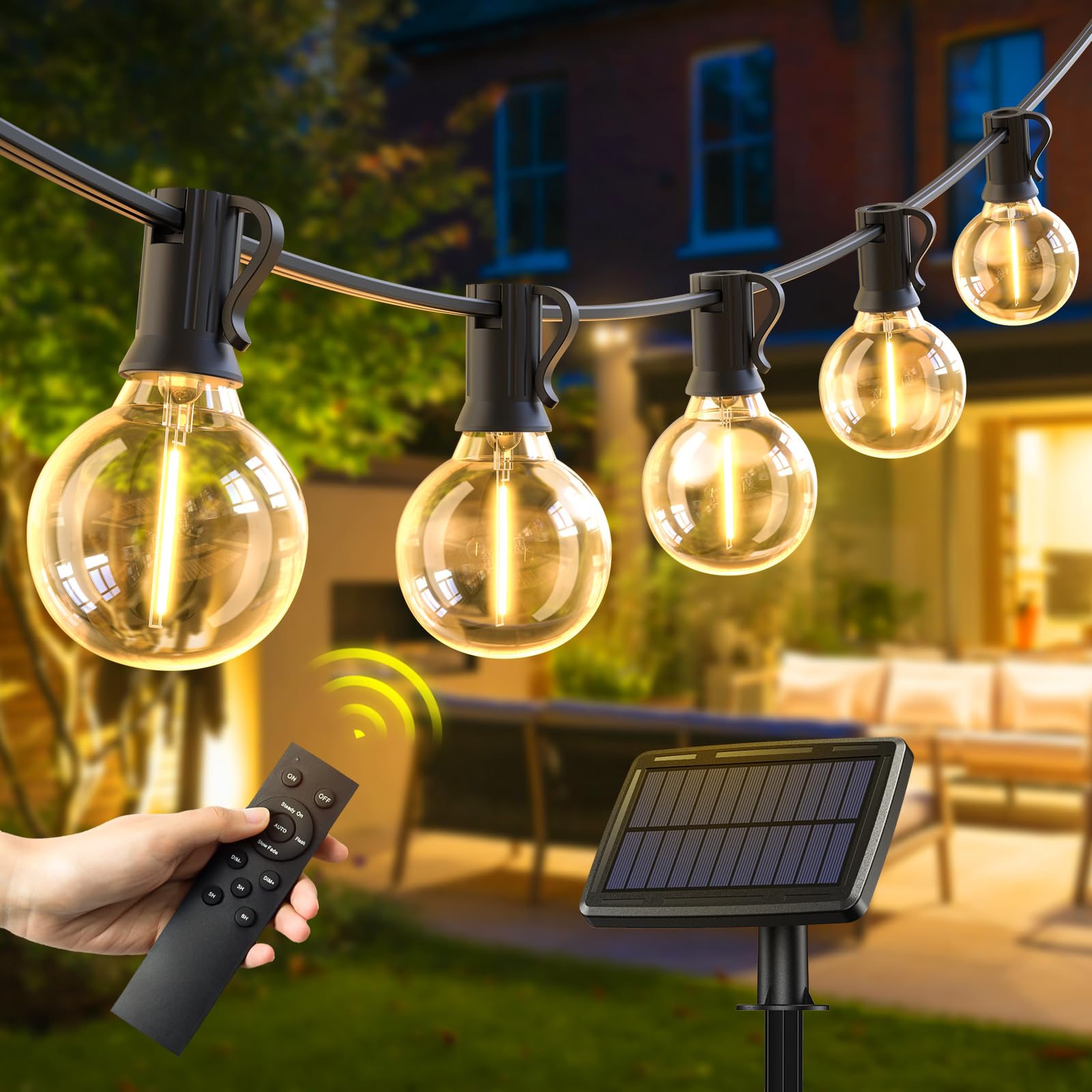 【Back To School Sale】Quntis Solar String Lights Outdoor Waterproof with Remote 4 Light Mode, 106ft 50+3 Bulbs Type-C & Solar Powered G40 LED String