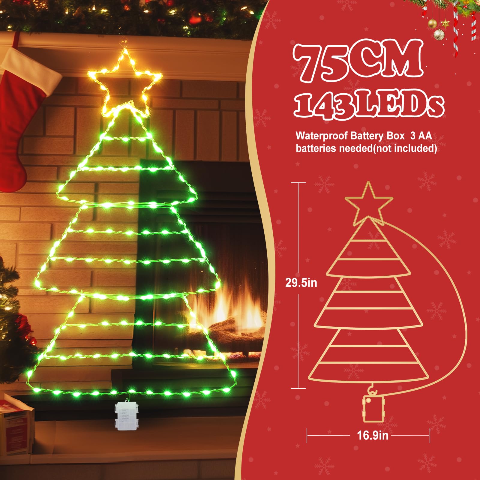 Quntis Luces de Ventana de Árbol de Navidad – 2.2FT, 143 Luces con 8 Modos y Temporizador, Funcionamiento a Batería para Decoración de Vacaciones en Interiores/Exteriores