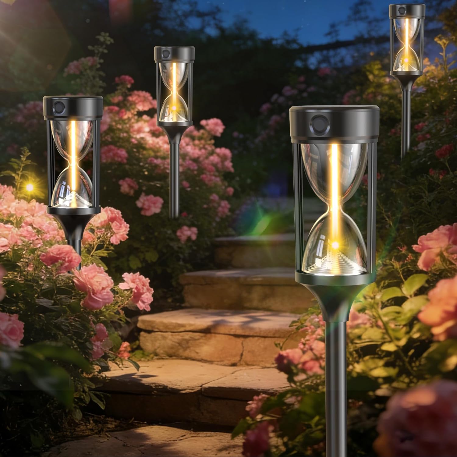 Solar Garden Lights Outdoor - 4 Pack Decorative Hourglass Solar Pathway Lights, Waterproof LED Solar Stakes with Warm Glow for Walkway, Yard, Patio, Landscape Lighting, Auto On/Off Modern Garden Decor