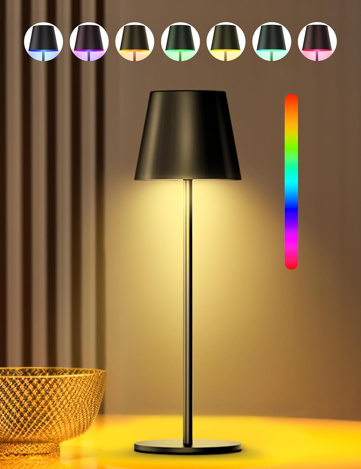 Cordless Table Lamp,Portable LED Desk Lamp with 7 Colors RGB Mode,5200mAh Battery Operated,3 Color Stepless Dimming Up for Restaurant BedroomBarsOutdoor Party Coffee Shop Night Light