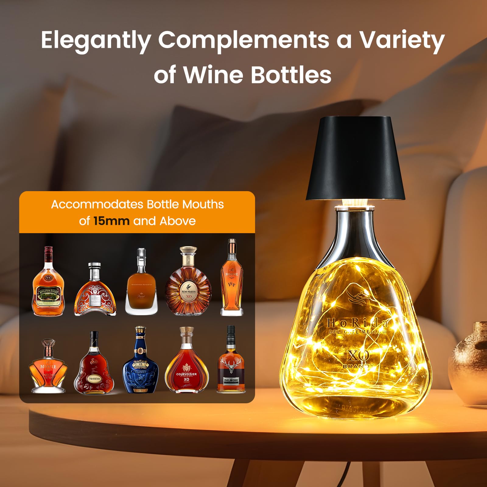 Quntis Cordless Bottle Lamp, Rechargeable LED Wine Bottle Light, Touch Bottle Table Lamp with 2M 40 LED Copper Wire, 3 Color Temperatures Dimming Dining Bar Light for Bedrooms Restaurants Bars