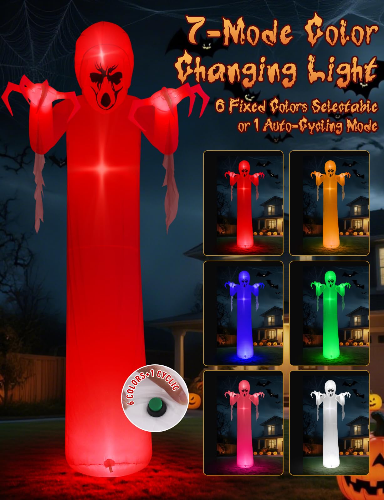 Quntis 12FT Giant Halloween Inflatable with Flowing Gauze, 7-Mode Color Changing RGB Lights, Scary White Ghost Halloween Blow Up Yard Decorations Outdoor for Lawn Garden Porch Party