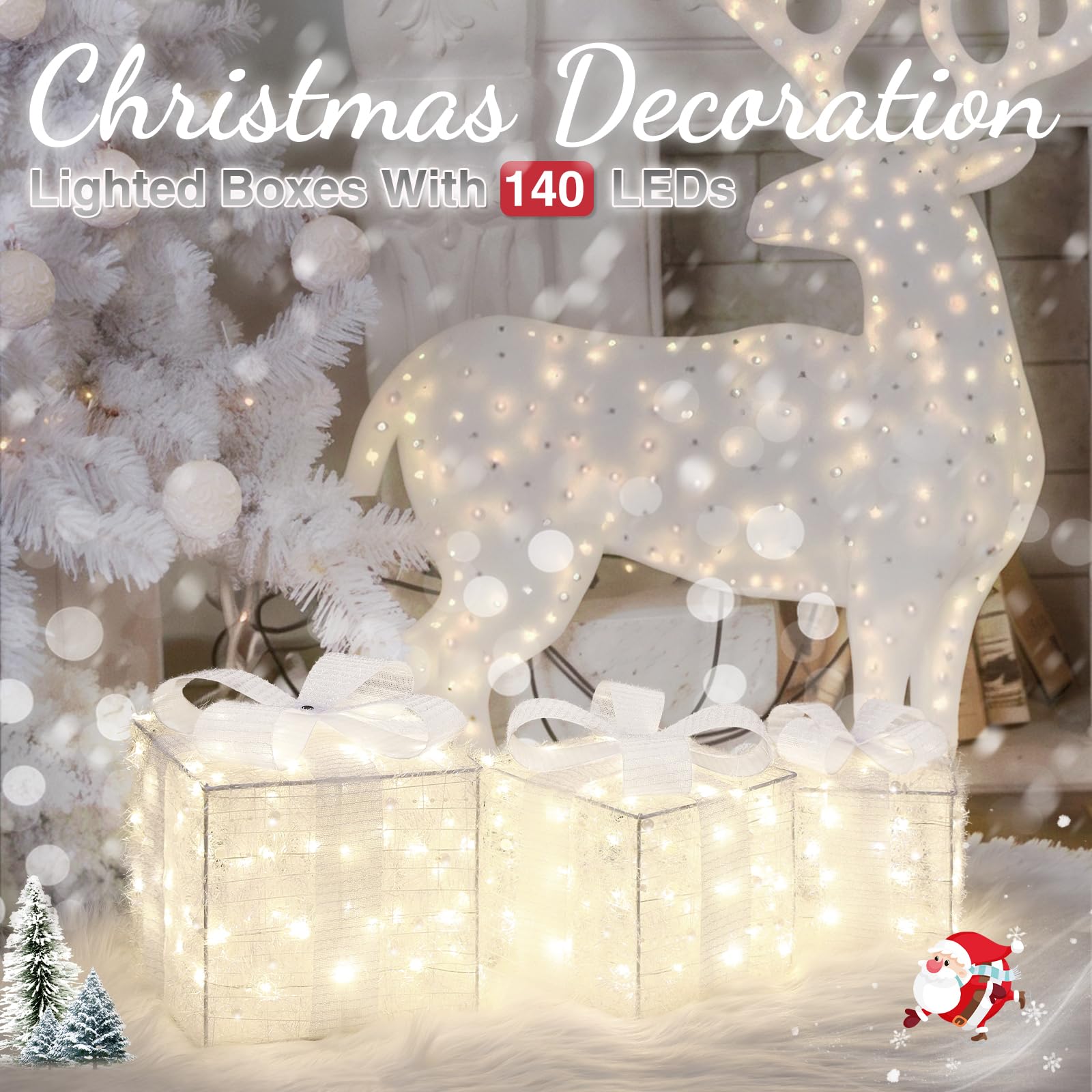 Quntis Christmas Lighted Gift Boxes, Set of 3 Christmas Decoration Present Boxes with 140 LED Lights, 8 Flash Modes Christmas Decor Plug in,Xmas Boxes for Christmas Tree Indoor Outdoor Home Front Door