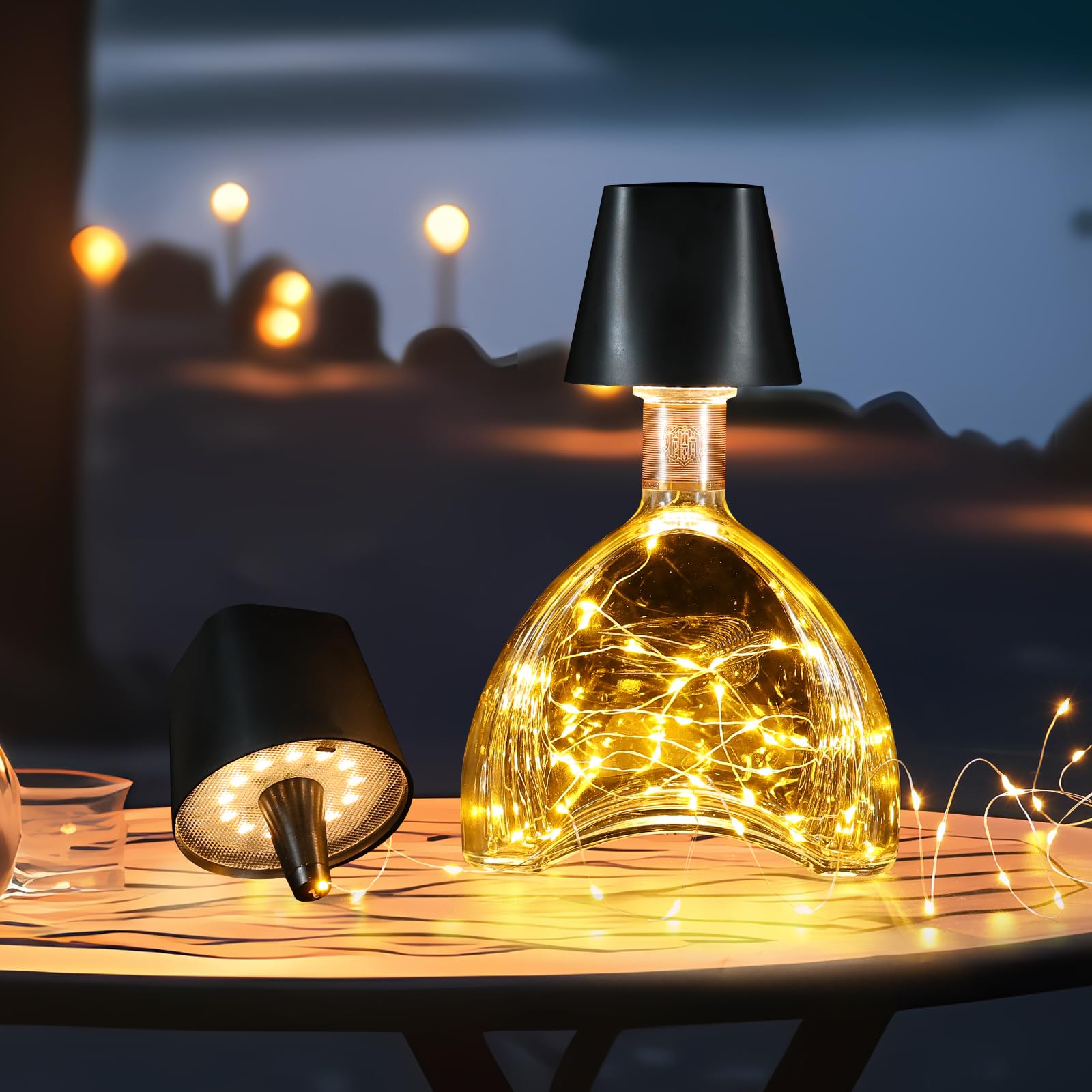 Quntis Cordless Bottle Lamp, Rechargeable LED Wine Bottle Light, Touch Bottle Table Lamp with 2M 40 LED Copper Wire, 3 Color Temperatures Dimming Dining Bar Light for Bedrooms Restaurants Bars