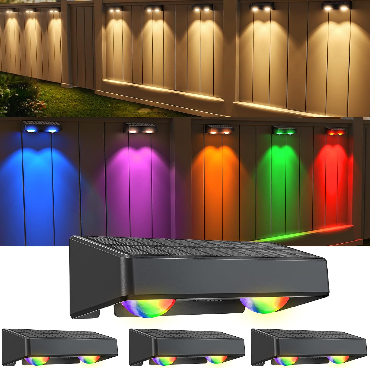 Quntis RGBCW Solar Fence Lights, Warm White and 7 Color Changing, IP65 Waterproof Lighting for Outdoor Fence and Wall