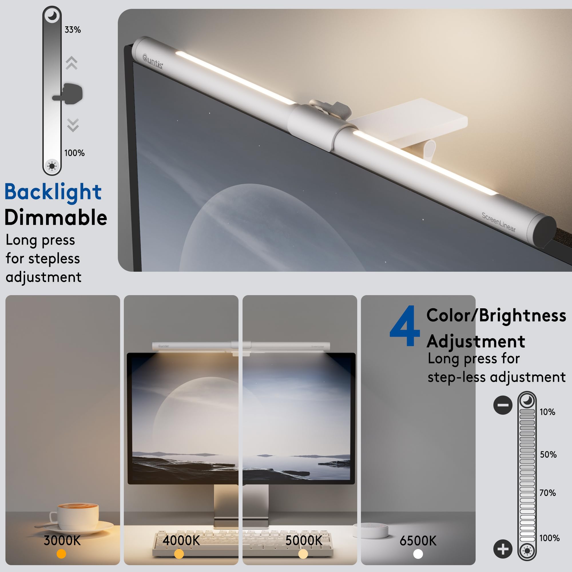Quntis White Monitor Light Bar with Remote, Eye-Care No Glare, Space Saving Home Office Desk Lamp, Stepless Dimming, Easy Setup LED Computer Light Backlight for Curved Gaming Monitors Reading Study
