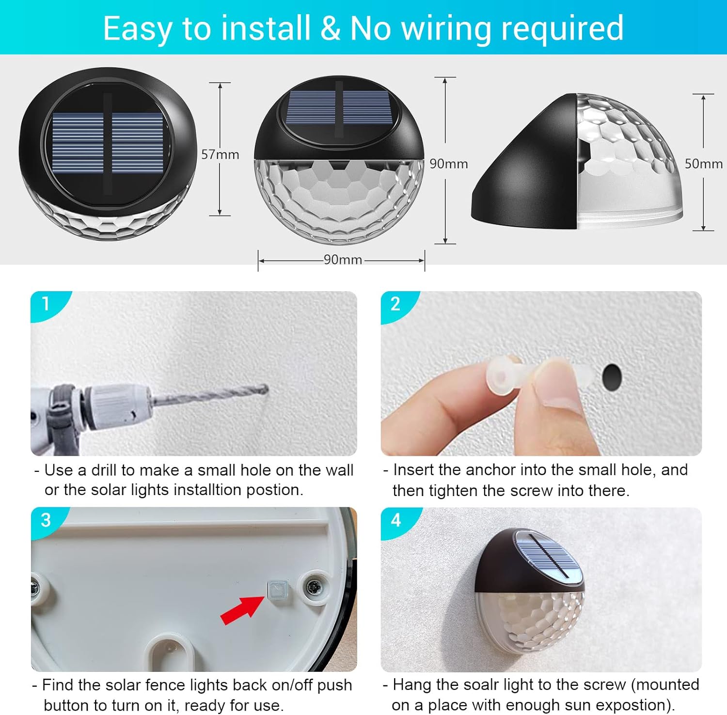 Solarlichter Außen 4er-Pack, IP65 wasserdichte Solarzaunlichter, automatische Ein/Aus LED Solarlichter, warmweiße Solar-Gartenlichter für Wand, Deck, Pfosten, Patio, Garten, Treppe, Weg, Veranda