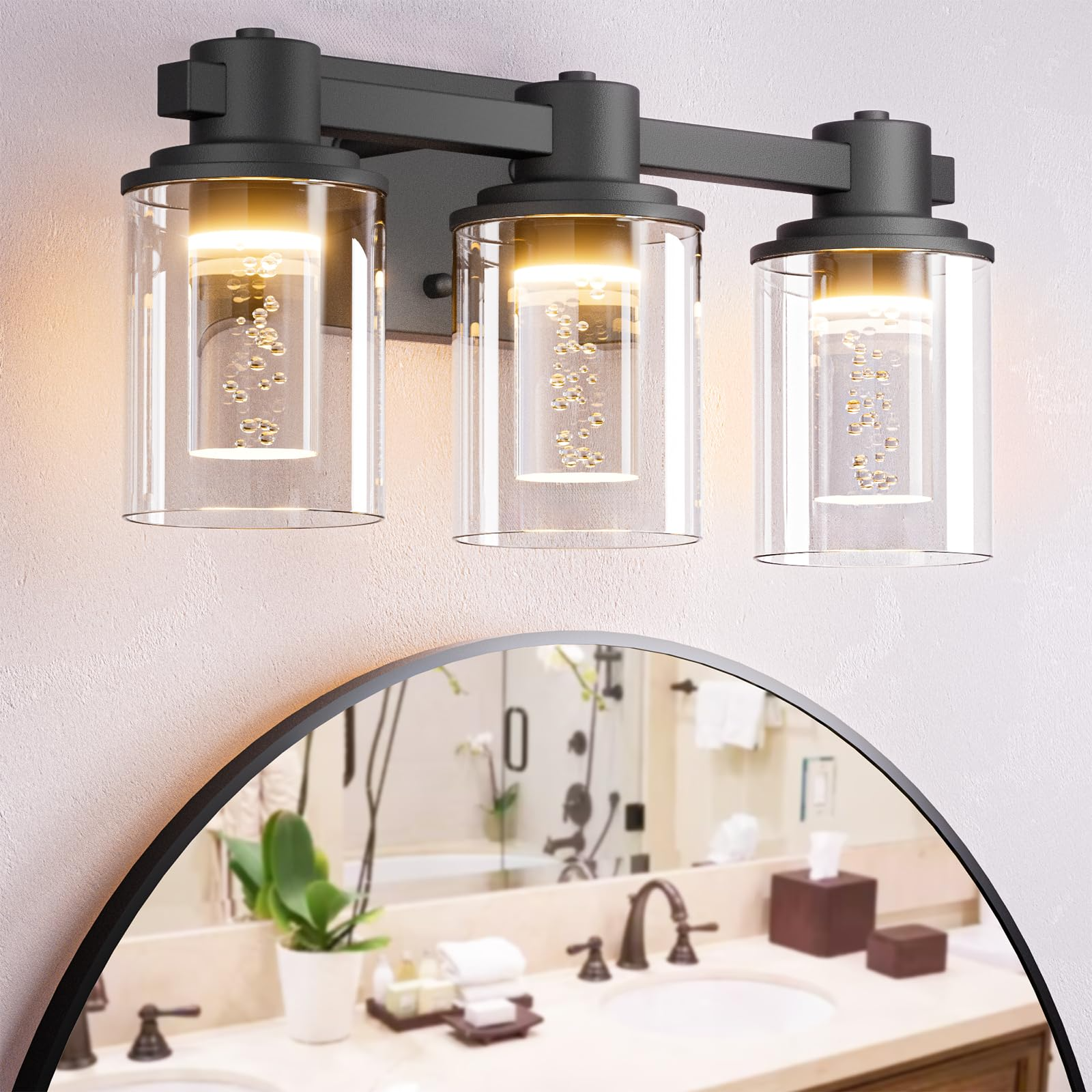 Quntis Aplique de baño moderno de cromo con 3 luces y pantallas de burbujas de cristal – Iluminación elegante para baño y hogar