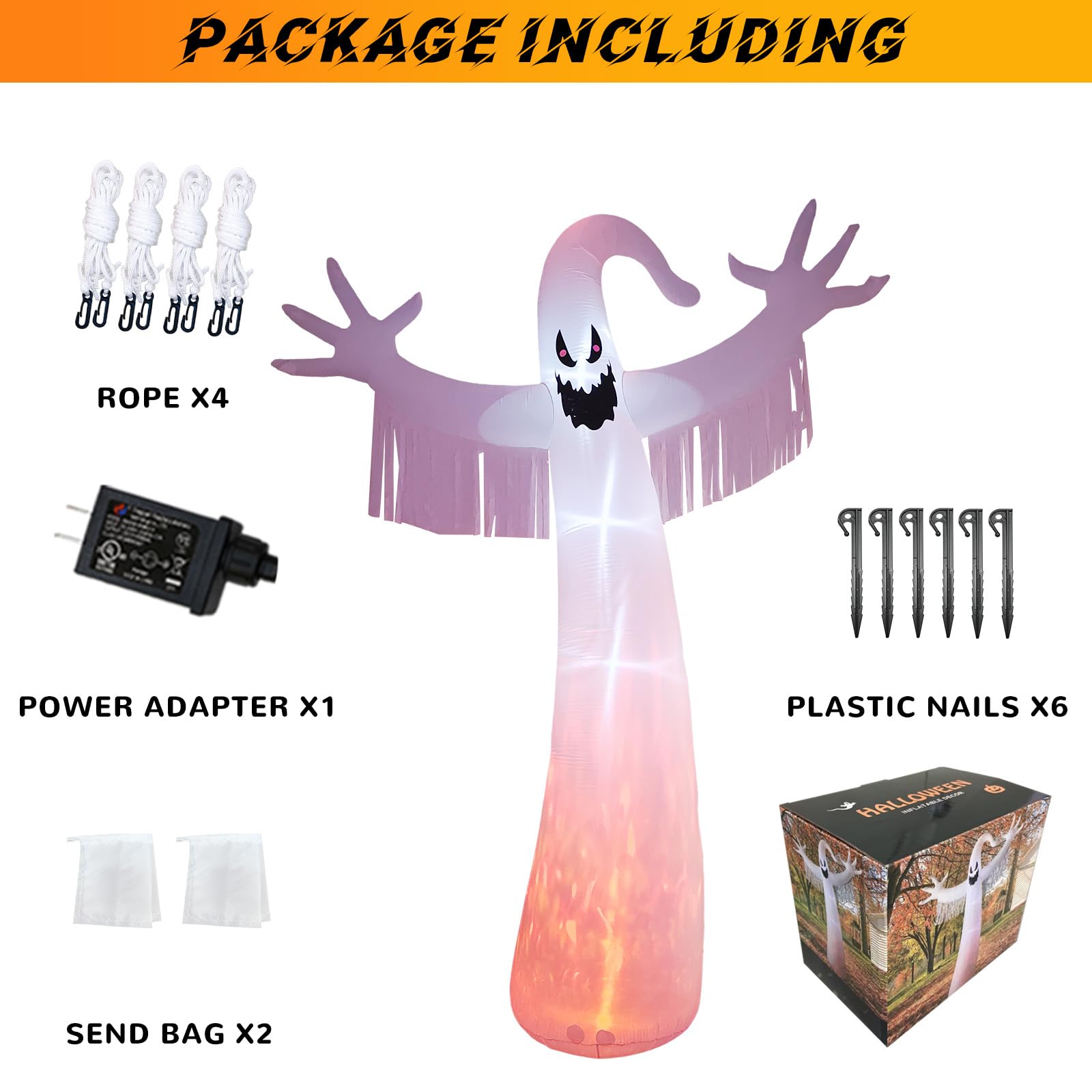 12FT Halloween Inflatables Outdoor Decorations: Inflatable Ghost with Fire Flame and Blinking Red Eyes, Blow up Decor for Yard Garden Lawn Home Holiday Party
