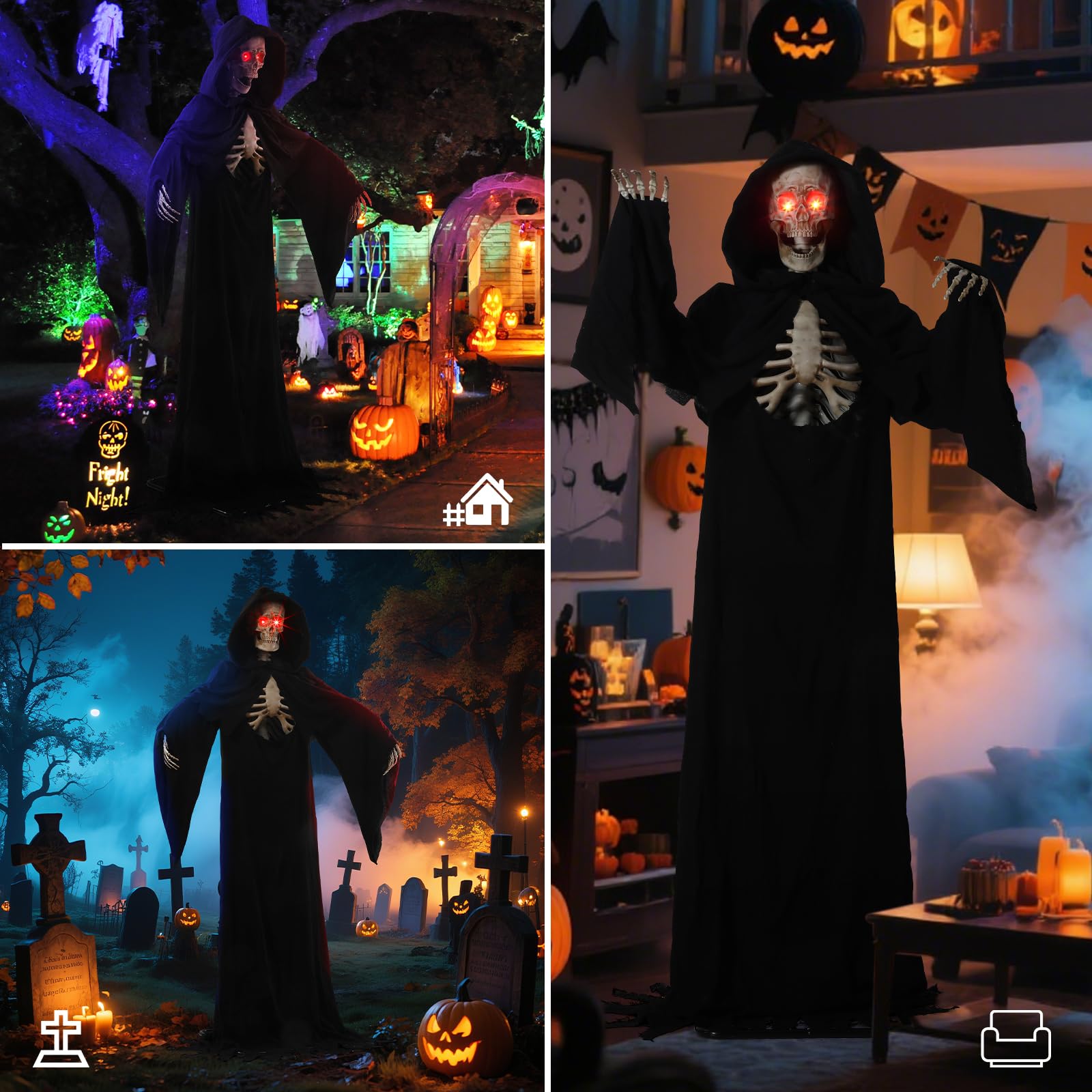 Quntis Halloween Animatronics Decorations Outdoor - 7FT Life Size Animated Grim Reaper, Scary Gaint Skeleton with Sound & Touch Activated, Spooky Sound, Lighted Eyes, Graveyard Yard Party Haunted Prop