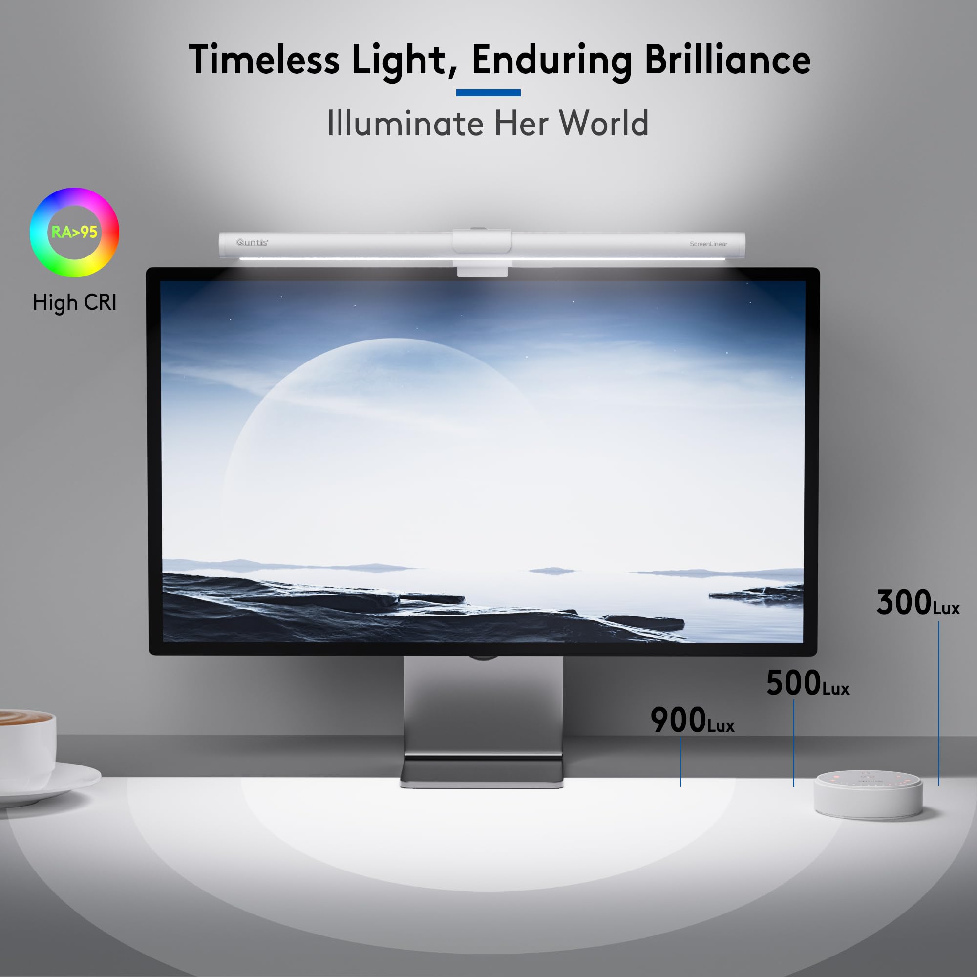 Quntis White Monitor Light Bar with Remote, Eye-Care No Glare, Space Saving Home Office Desk Lamp, Stepless Dimming, Easy Setup LED Computer Light Backlight for Curved Gaming Monitors Reading Study