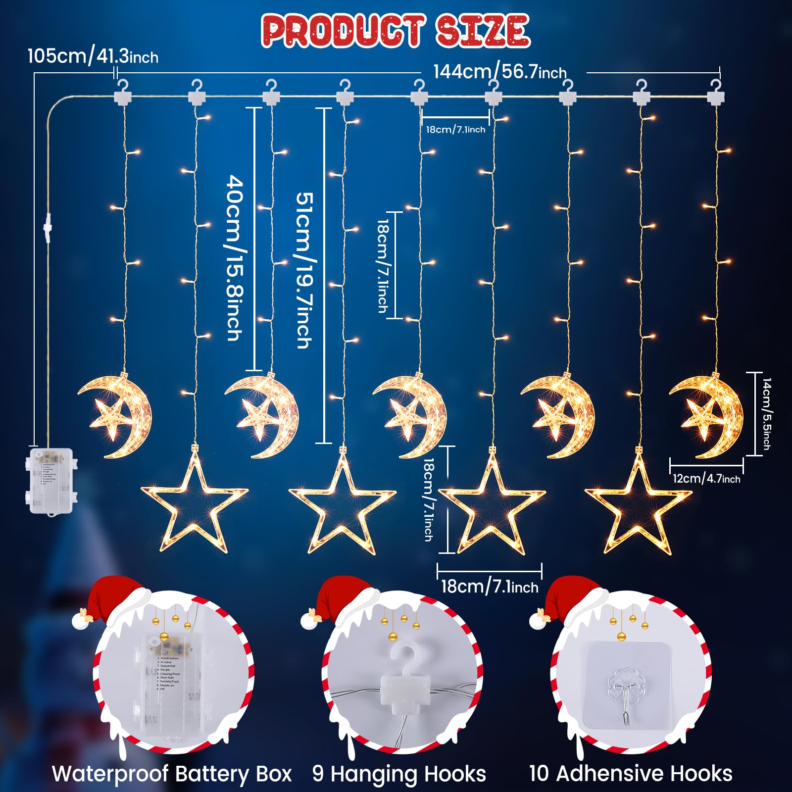 Quntis クリスマスウィンドウライト、9パック 125LED バッテリー駆動の星と月のハンギングウィンドウライト、8モード、防水屋内外装飾、ホリデー、パーティー、ホームデコ