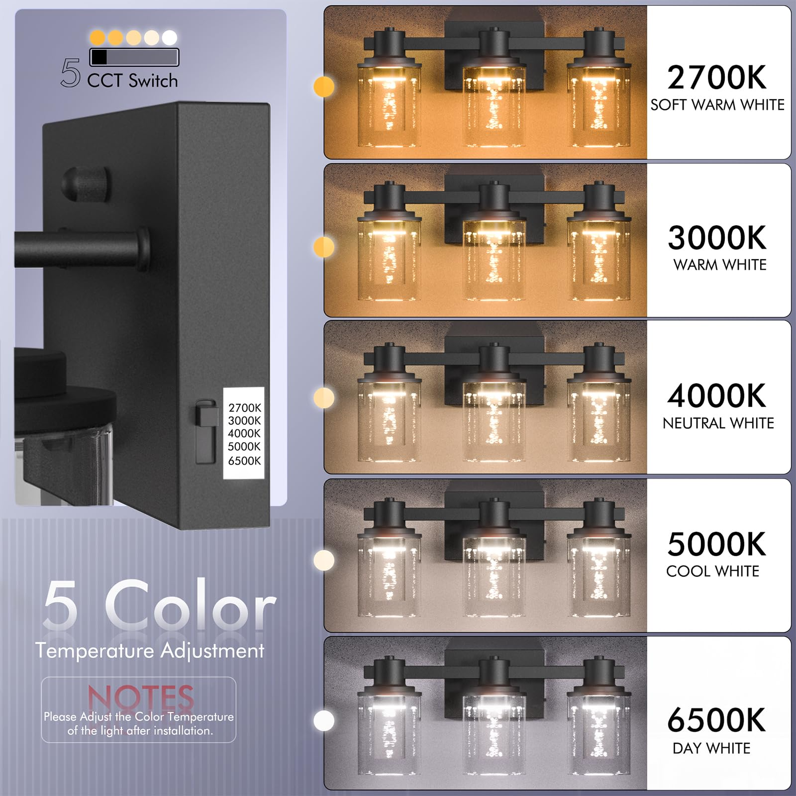 Quntis Aplique de baño moderno de cromo con 3 luces y pantallas de burbujas de cristal – Iluminación elegante para baño y hogar