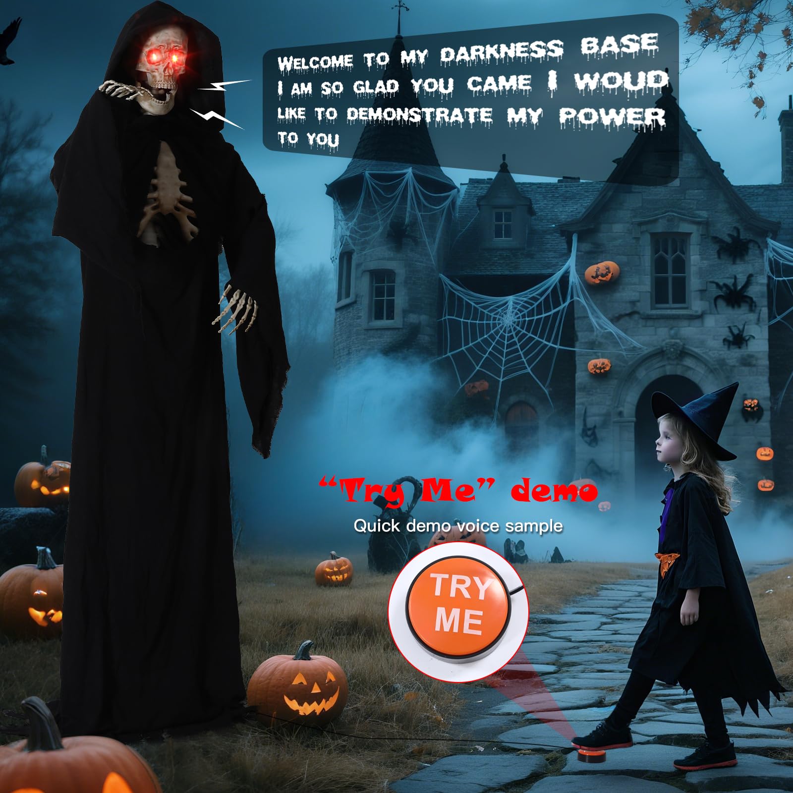 Quntis Halloween Animatronics Decorations Outdoor - 7FT Life Size Animated Grim Reaper, Scary Gaint Skeleton with Sound & Touch Activated, Spooky Sound, Lighted Eyes, Graveyard Yard Party Haunted Prop