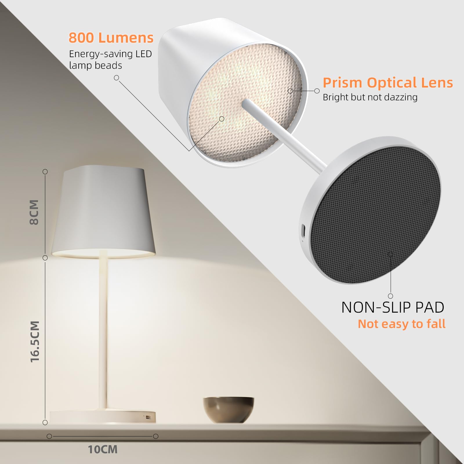 Quntis Cordless LED Table Lamp with Dimmer, Built-in Rechargeable Battery, Stepless Brightness Dimming, Ambient Light for Restaurant, Bedside Night Lamp, Waterproof Outdoor Lamps for Patio, Camping