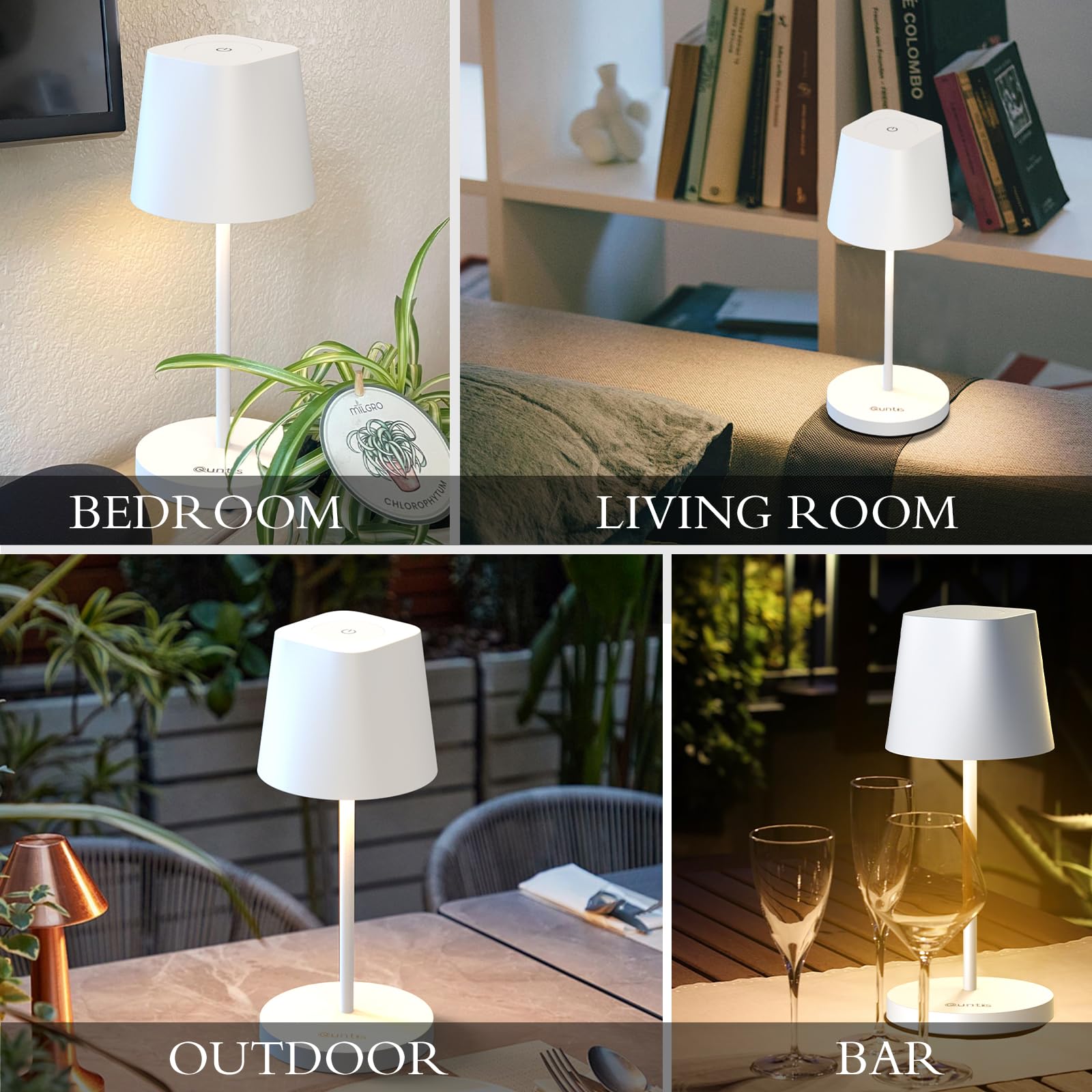 Quntis Cordless LED Table Lamp with Dimmer, Built-in Rechargeable Battery, Stepless Brightness Dimming, Ambient Light for Restaurant, Bedside Night Lamp, Waterproof Outdoor Lamps for Patio, Camping