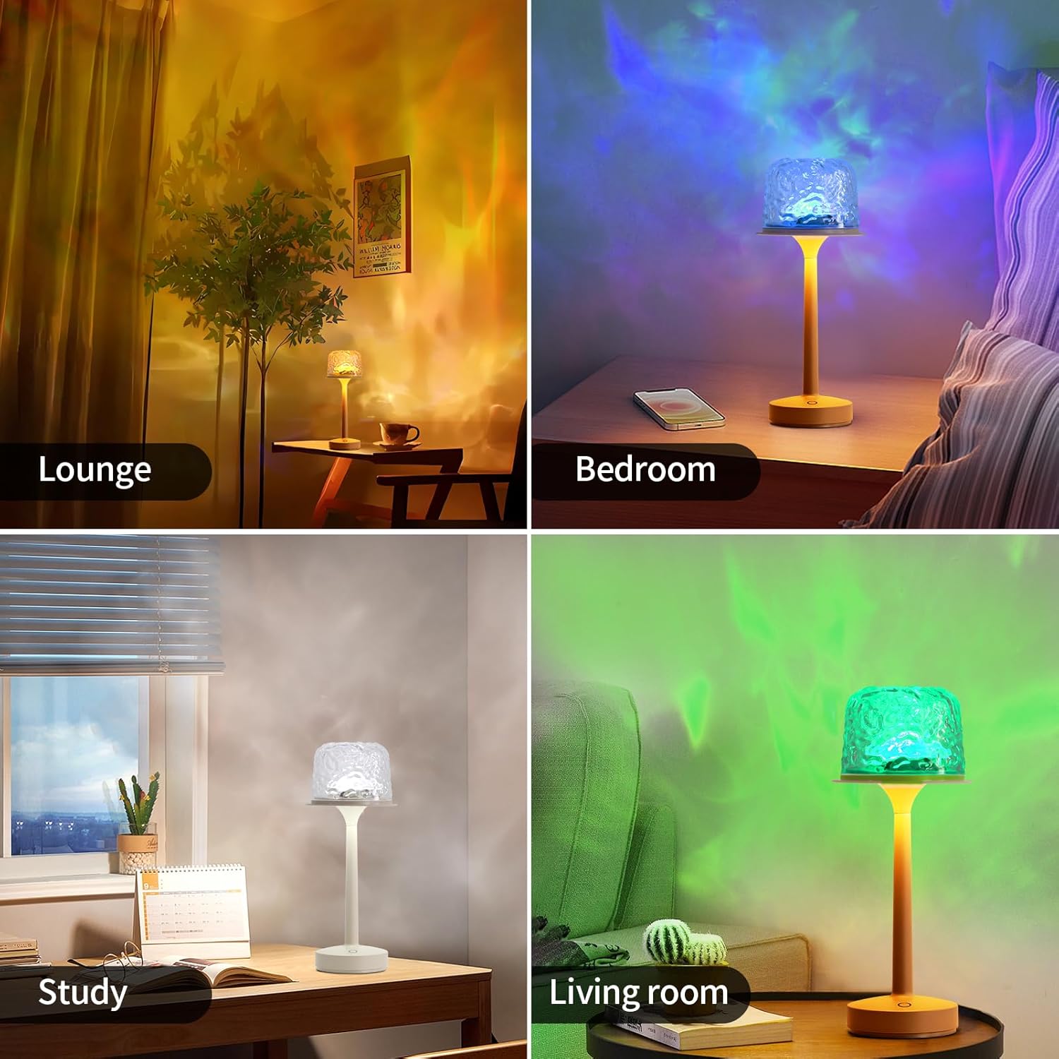 RGB Ocean Wave Projector Table Lamp, USB Rechargeable Cordless Night Light with Remote Control, Dimmable Touch Desk Lamp for Bedroom, Living Room, Kids Room