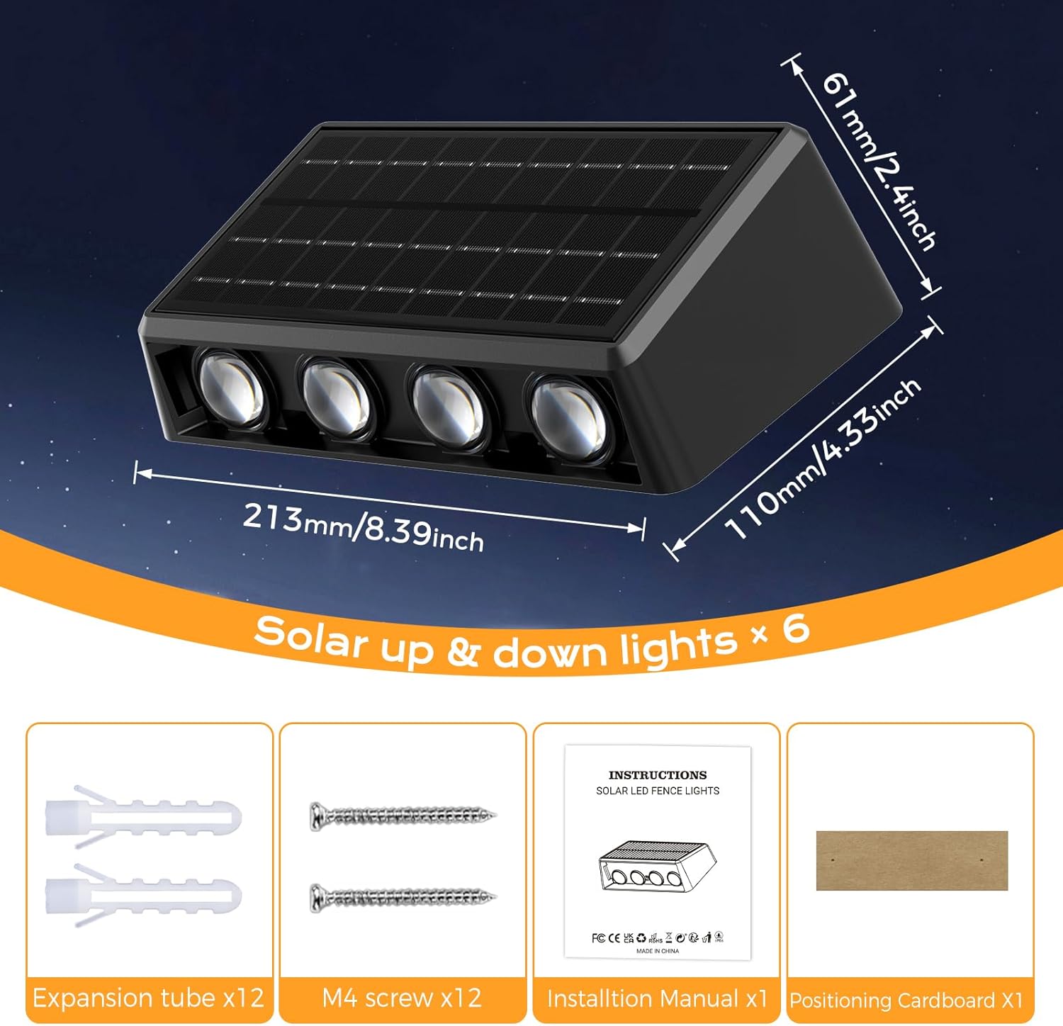 Quntis 6-Pack RGBCW Solar Fence Lights, Up and Down Wall Lights, 8 LED, 13 Color Modes, IP65 Waterproof, Outdoor Solar Lights for Garden, Porch, Yard, Stairs