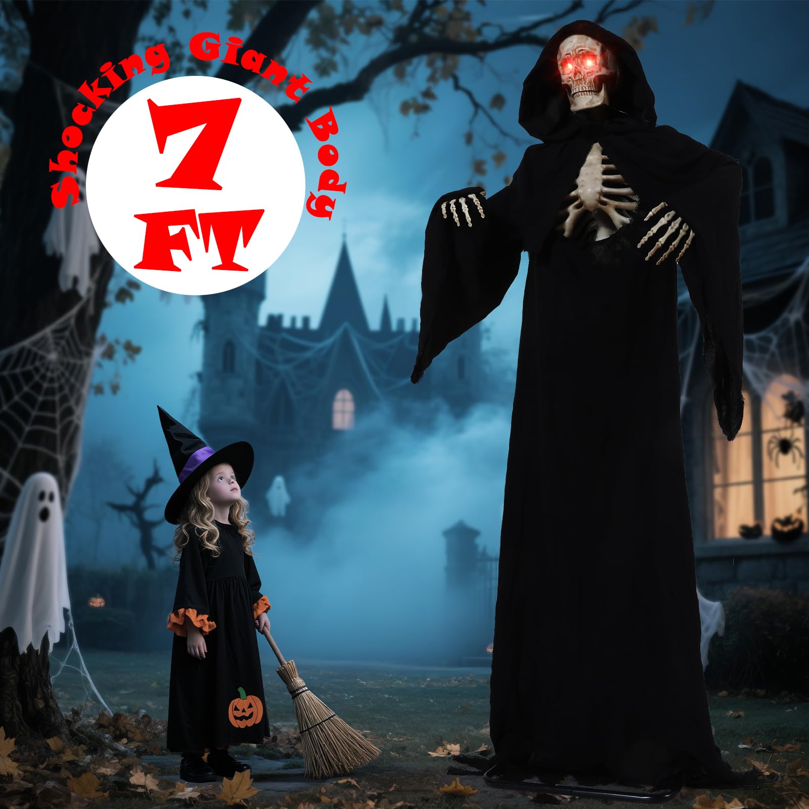 Quntis Halloween Animatronics Decorations Outdoor - 7FT Life Size Animated Grim Reaper, Scary Gaint Skeleton with Sound & Touch Activated, Spooky Sound, Lighted Eyes, Graveyard Yard Party Haunted Prop