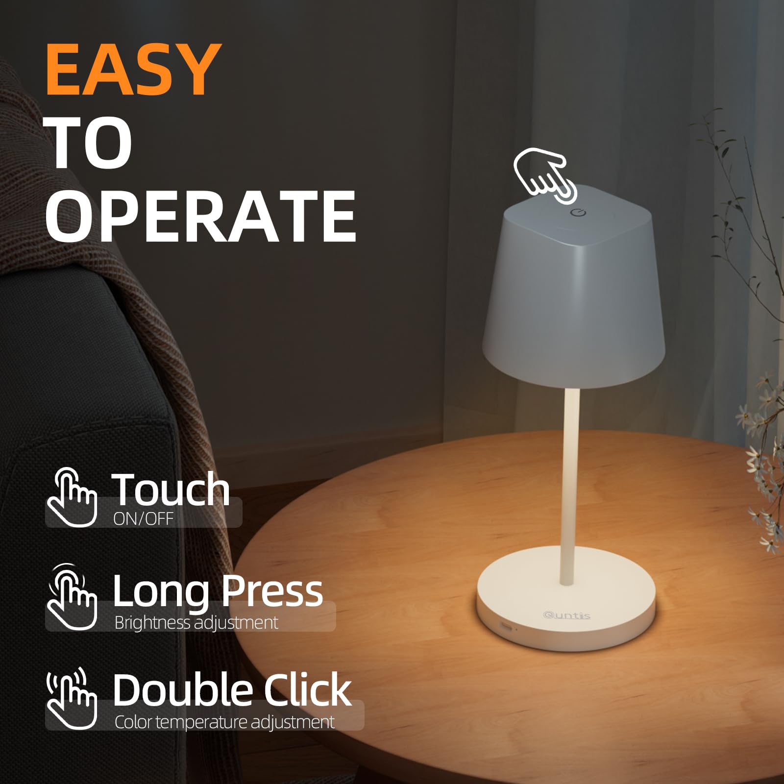 Quntis Cordless LED Table Lamp with Dimmer, Built-in Rechargeable Battery, Stepless Brightness Dimming, Ambient Light for Restaurant, Bedside Night Lamp, Waterproof Outdoor Lamps for Patio, Camping