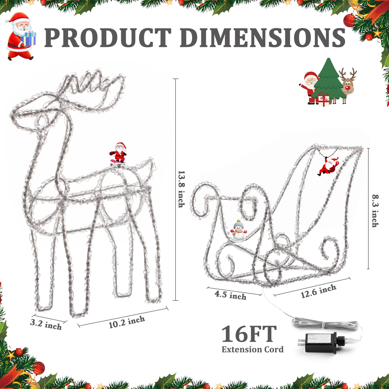 Quntis Set aus 2 Weihnachtslichtern – 3D-Elch zieht Schlitten Weihnachtsdeko, beleuchtete Acryl-Dekoration mit 100 LED-Lichtern für Innen- und Außenbereich Weihnachtsbaum, Garten, Rasen und Kamin