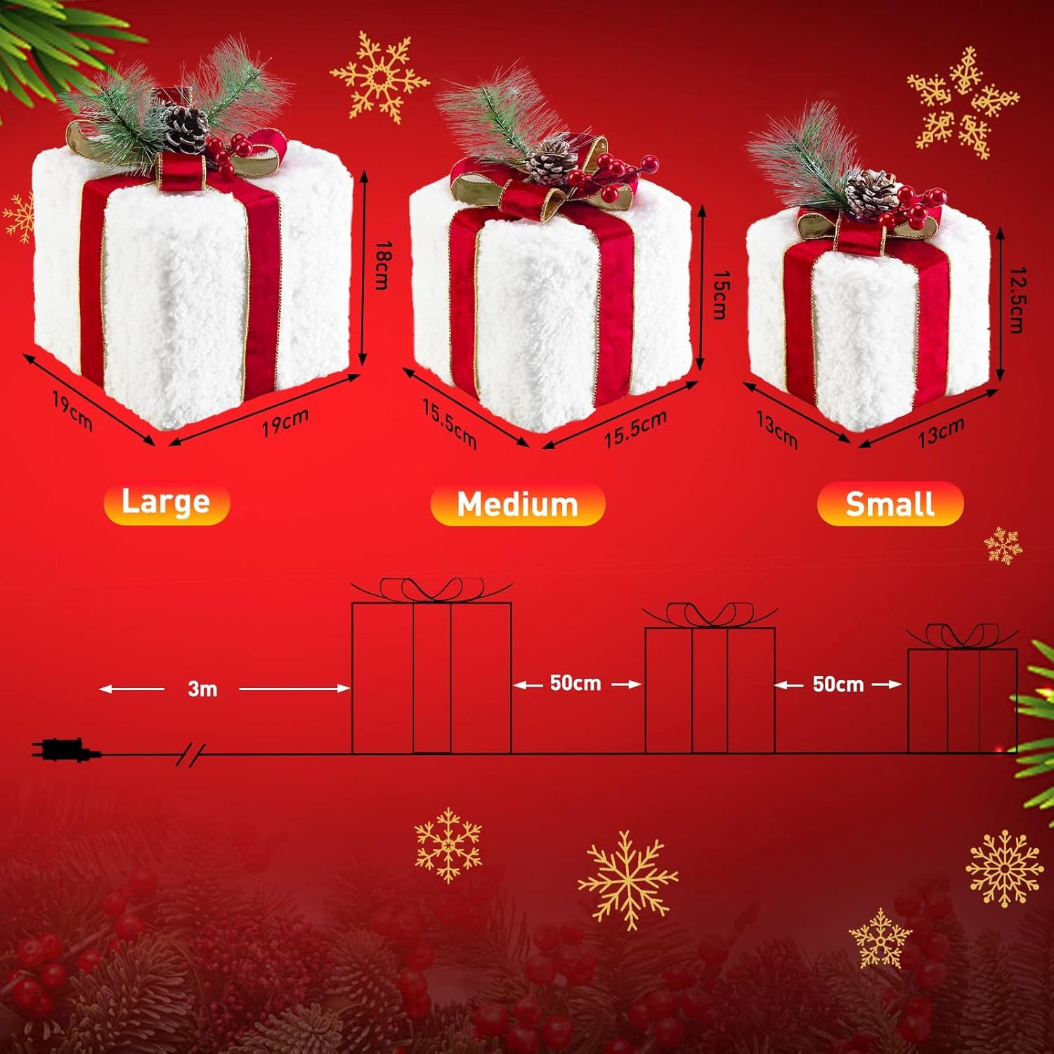 Christmas Lighted Gift Boxes, 8 Modes & Timing Function Set of 3 Plug-In Light Up Present Boxes with 60 LEDs Christmas Decorations Indoor Home Decor Christmas