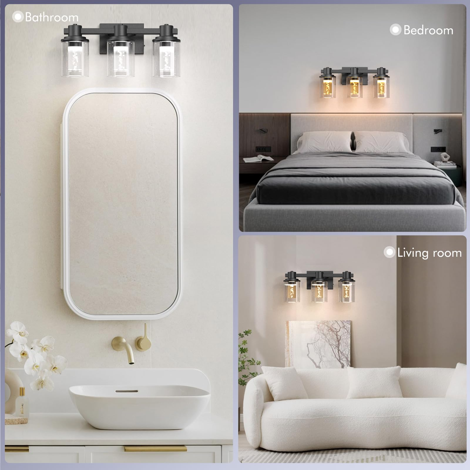 Quntis Aplique de baño moderno de cromo con 3 luces y pantallas de burbujas de cristal – Iluminación elegante para baño y hogar