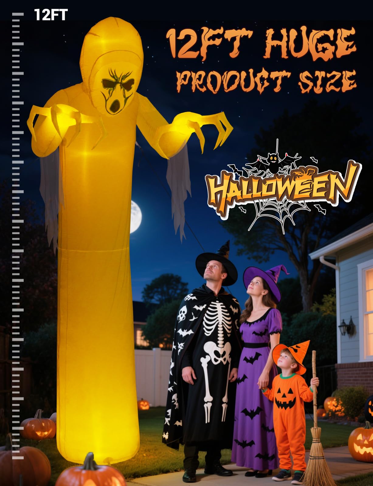 Quntis 12FT Giant Halloween Inflatable with Flowing Gauze, 7-Mode Color Changing RGB Lights, Scary White Ghost Halloween Blow Up Yard Decorations Outdoor for Lawn Garden Porch Party