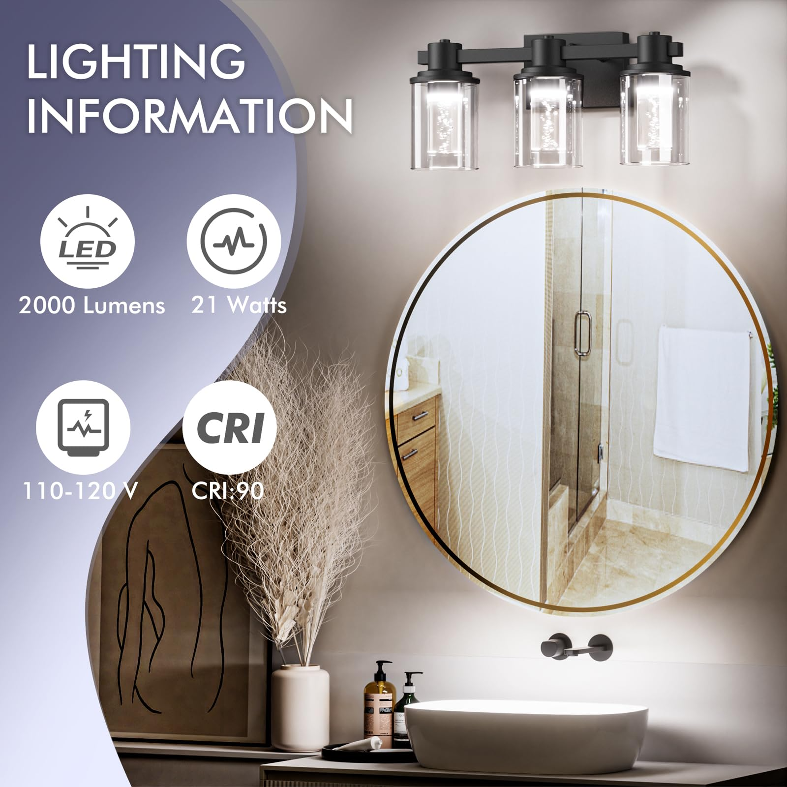 Quntis Aplique de baño moderno de cromo con 3 luces y pantallas de burbujas de cristal – Iluminación elegante para baño y hogar