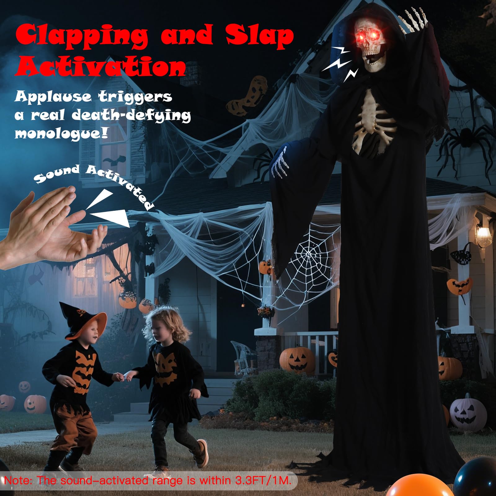 Quntis Halloween Animatronics Decorations Outdoor - 7FT Life Size Animated Grim Reaper, Scary Gaint Skeleton with Sound & Touch Activated, Spooky Sound, Lighted Eyes, Graveyard Yard Party Haunted Prop