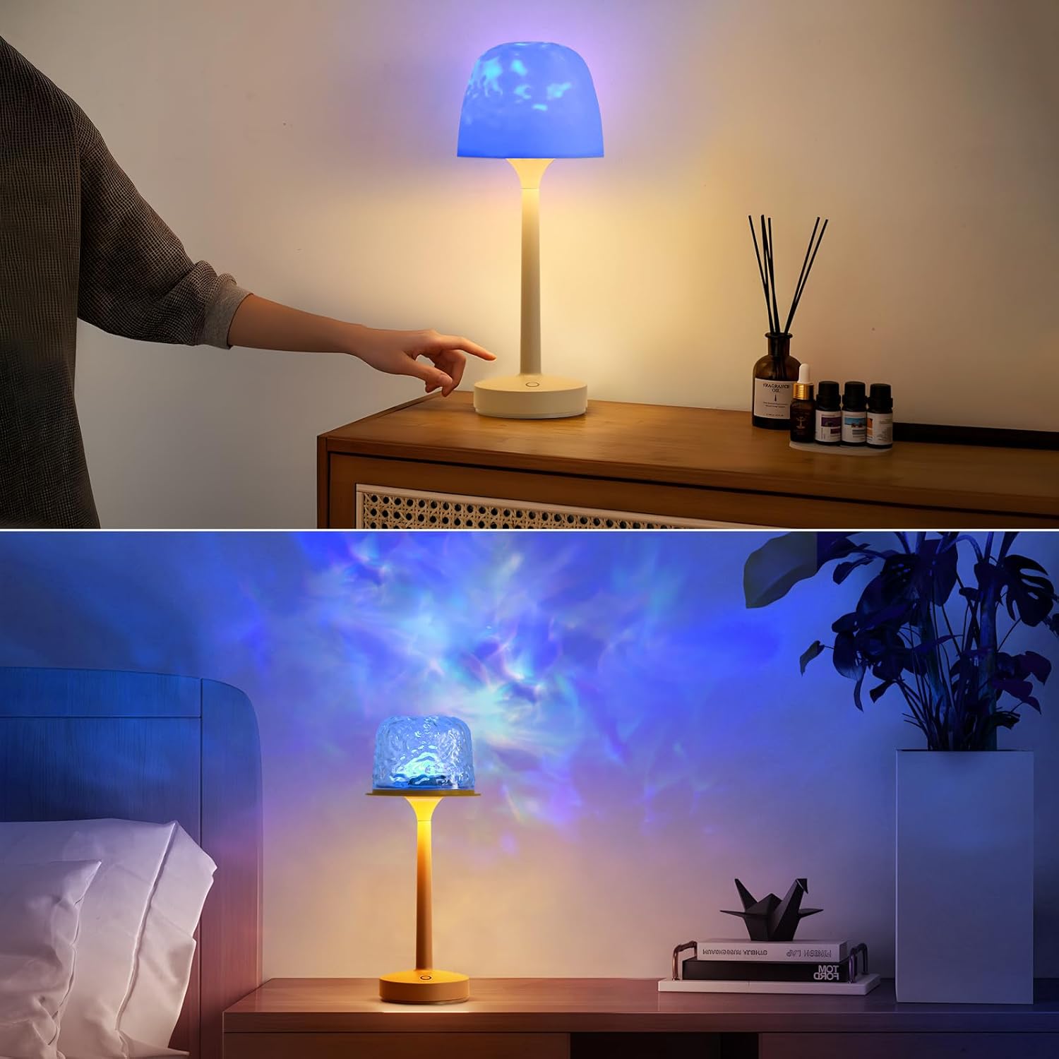 RGB Ocean Wave Projector Table Lamp, USB Rechargeable Cordless Night Light with Remote Control, Dimmable Touch Desk Lamp for Bedroom, Living Room, Kids Room