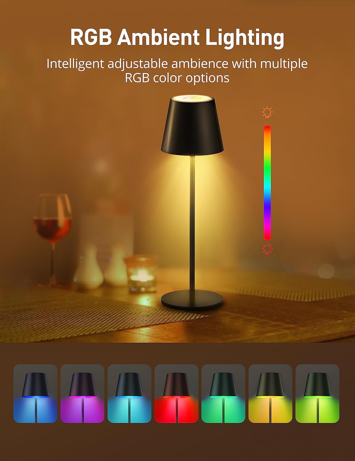 Cordless Table Lamp,Portable LED Desk Lamp with 7 Colors RGB Mode,5200mAh Battery Operated,3 Color Stepless Dimming Up for Restaurant BedroomBarsOutdoor Party Coffee Shop Night Light