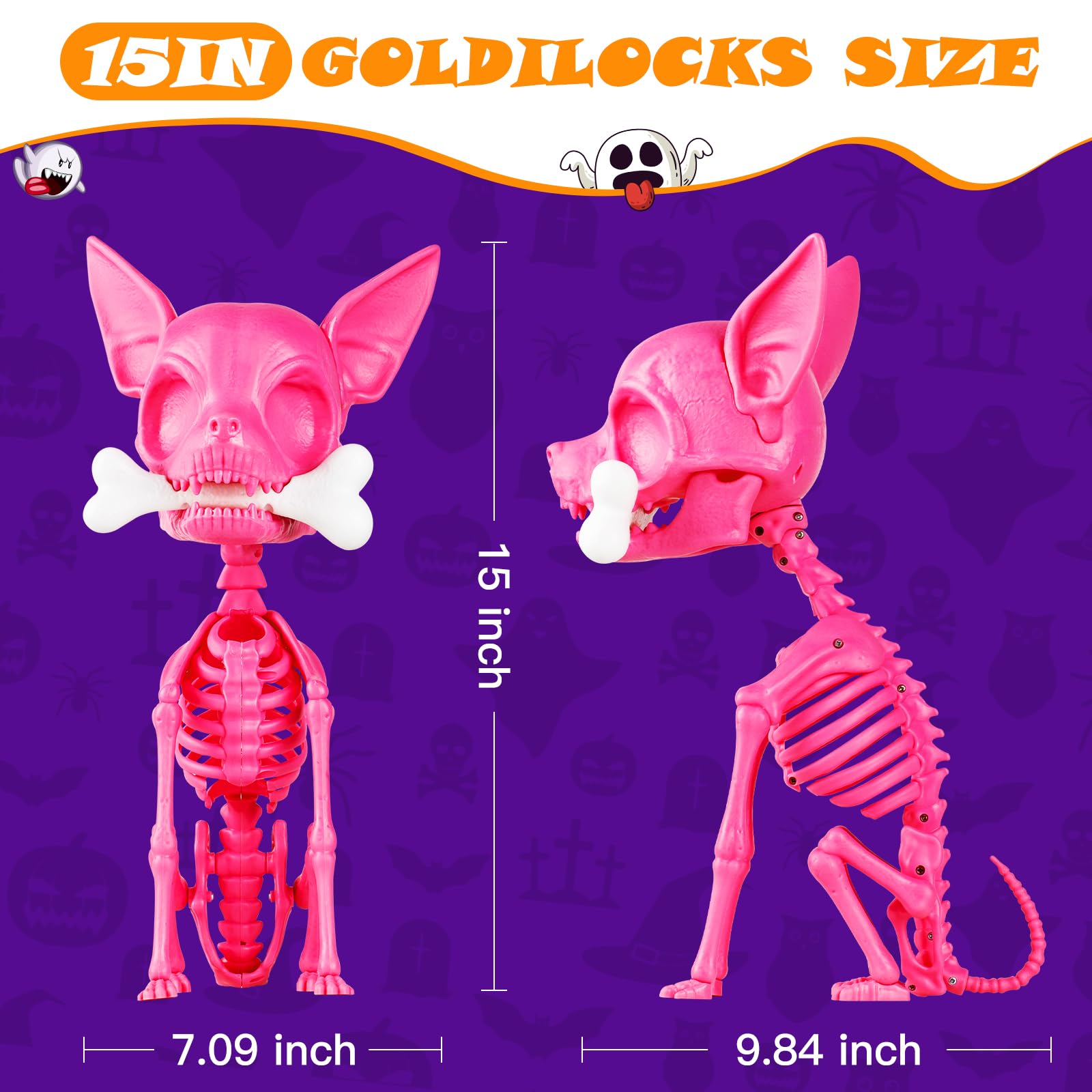 Quntis Halloween Skeleton Dog Decor - 15inch Pink Cute Puppy Bones - Realistic ABS Animal Skeleton for Outdoor Indoor Graveyard Party Display, 2025 Showstopper Halloween Decorations