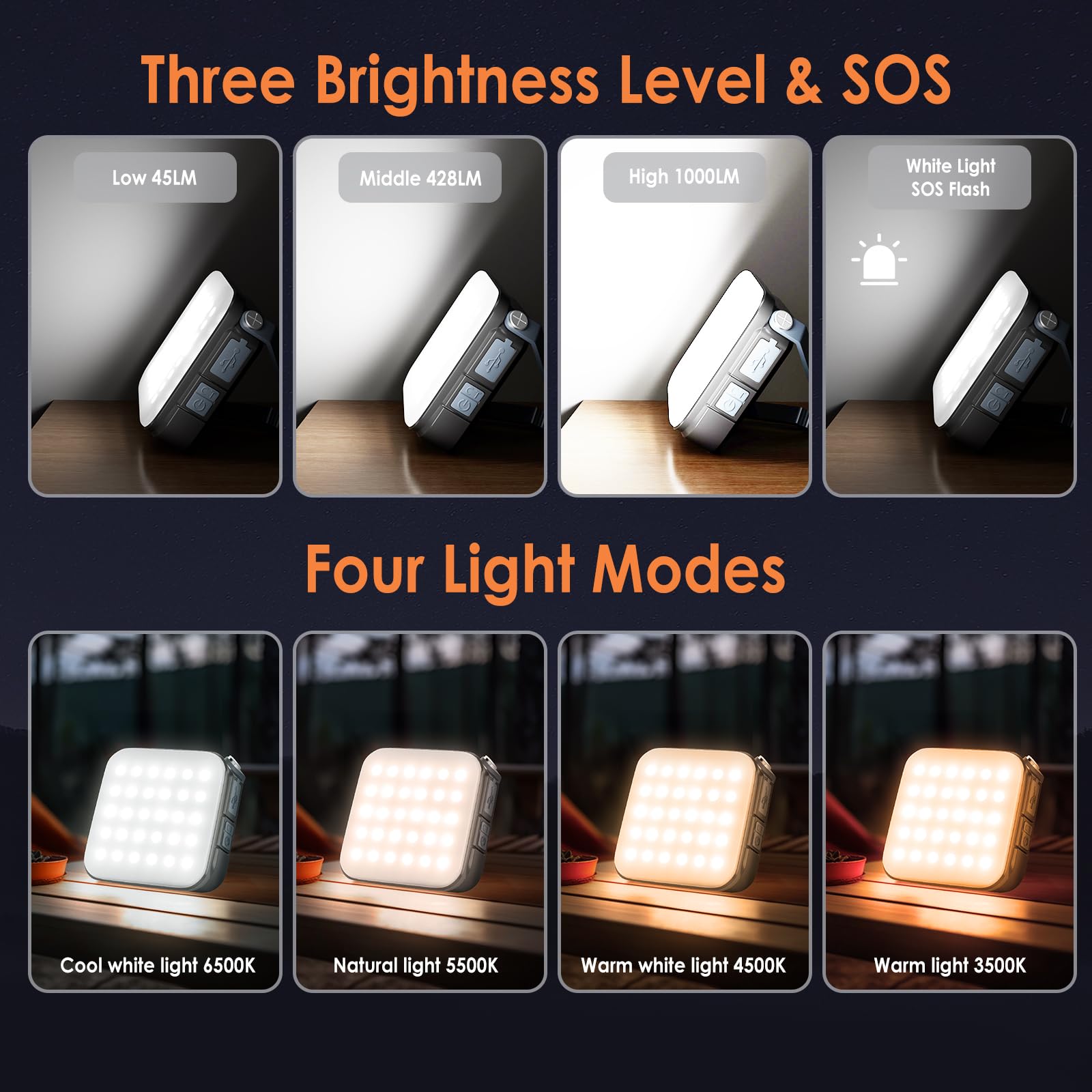Solar Camping Lantern,Quntis IPX6 LED Solar Camping Light Solar/Type-C Powered,Portable 3 Bright 4 Color Modes Camping Lamp 4000mAh