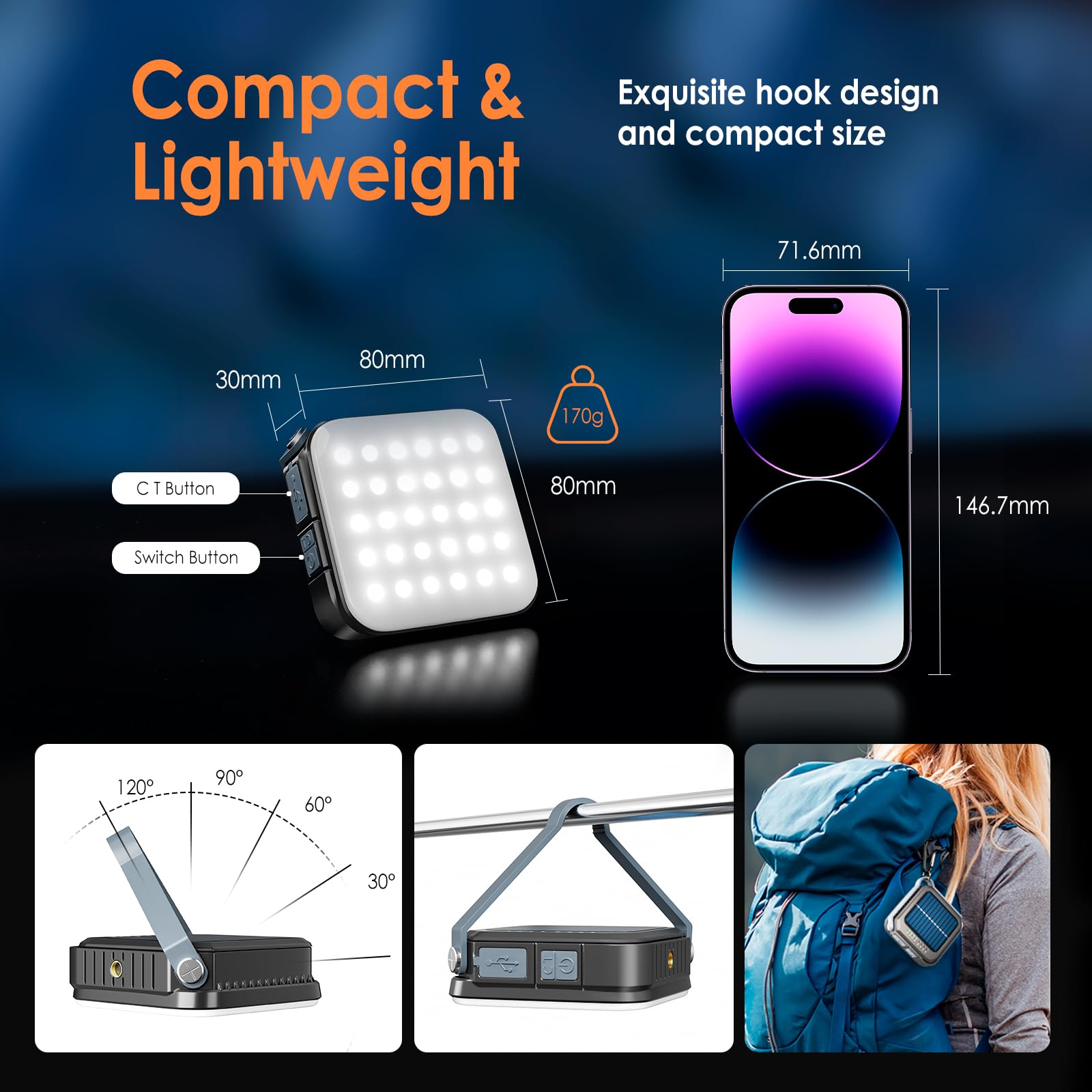 Solar Camping Lantern,Quntis IPX6 LED Solar Camping Light Solar/Type-C Powered,Portable 3 Bright 4 Color Modes Camping Lamp 4000mAh
