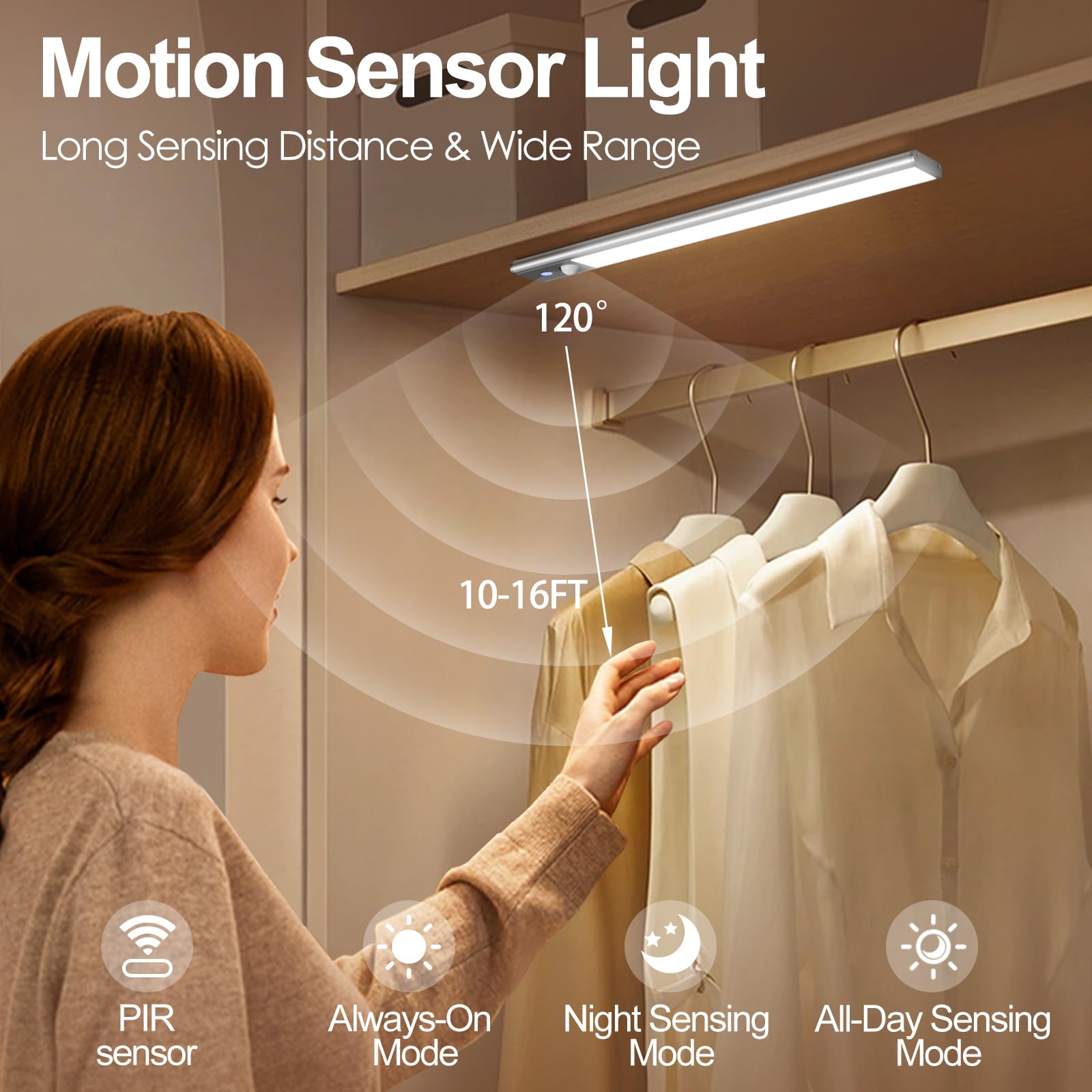 Quntis LED Under Cabinet Lighting Rechargeable, Wireless Motion Sensor Light Indoor, 2 Pack 12" 3000-6000K Dimmable Closet Lights Battery Operated