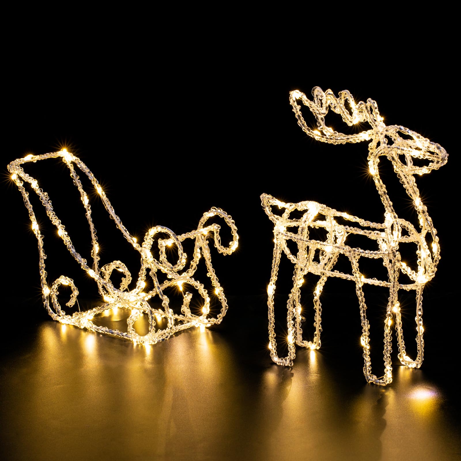 Quntis Set di 2 Luci di Natale – Decorazione Natalizia 3D con Alce che Tira la Slitta, Decorazione in Acrilico Illuminata con 100 Luci LED per Albero di Natale, Giardino, Prato e Camino Interno ed Esterno