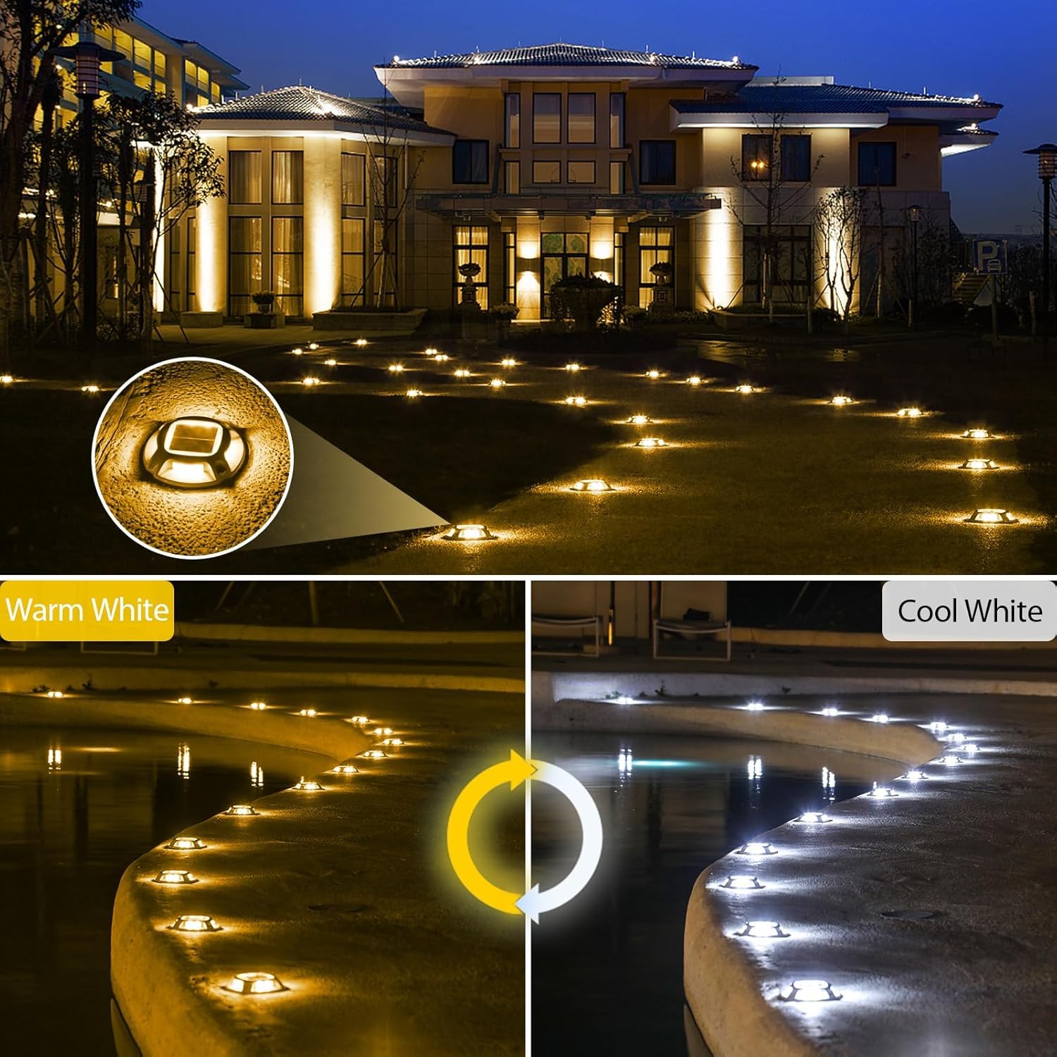 Quntis Solar Deck Lights, IP68 Waterproof Outdoor Ground Lights, 2 Colors Warm White and Cool White, Pressure Resistant Solar Powered Lights for Driveway, Step and Pathway