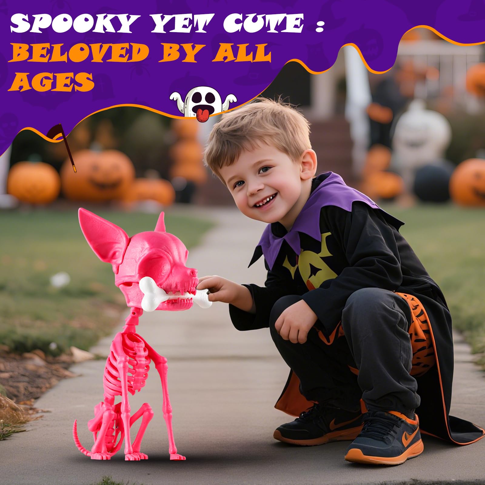 Quntis Halloween Skeleton Dog Decor - 15inch Pink Cute Puppy Bones - Realistic ABS Animal Skeleton for Outdoor Indoor Graveyard Party Display, 2025 Showstopper Halloween Decorations