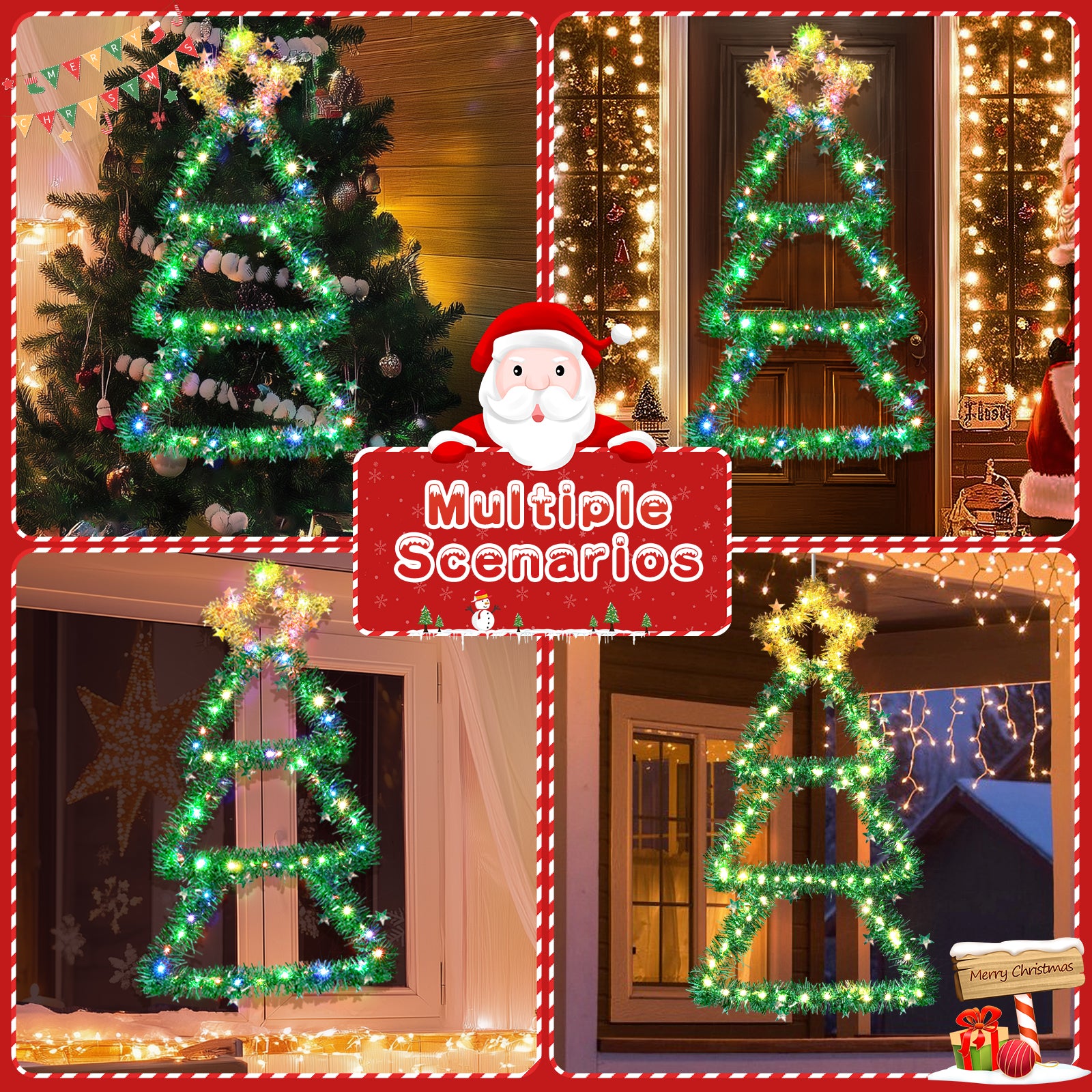 Quntis Metal Christmas Tree with Lights – Color Changing Battery-Powered Christmas Window Lights (30 x 14 Inches), 8 Modes & Timer, Foldable Wall Hanging Holiday Decor for Indoor/Outdoor Use