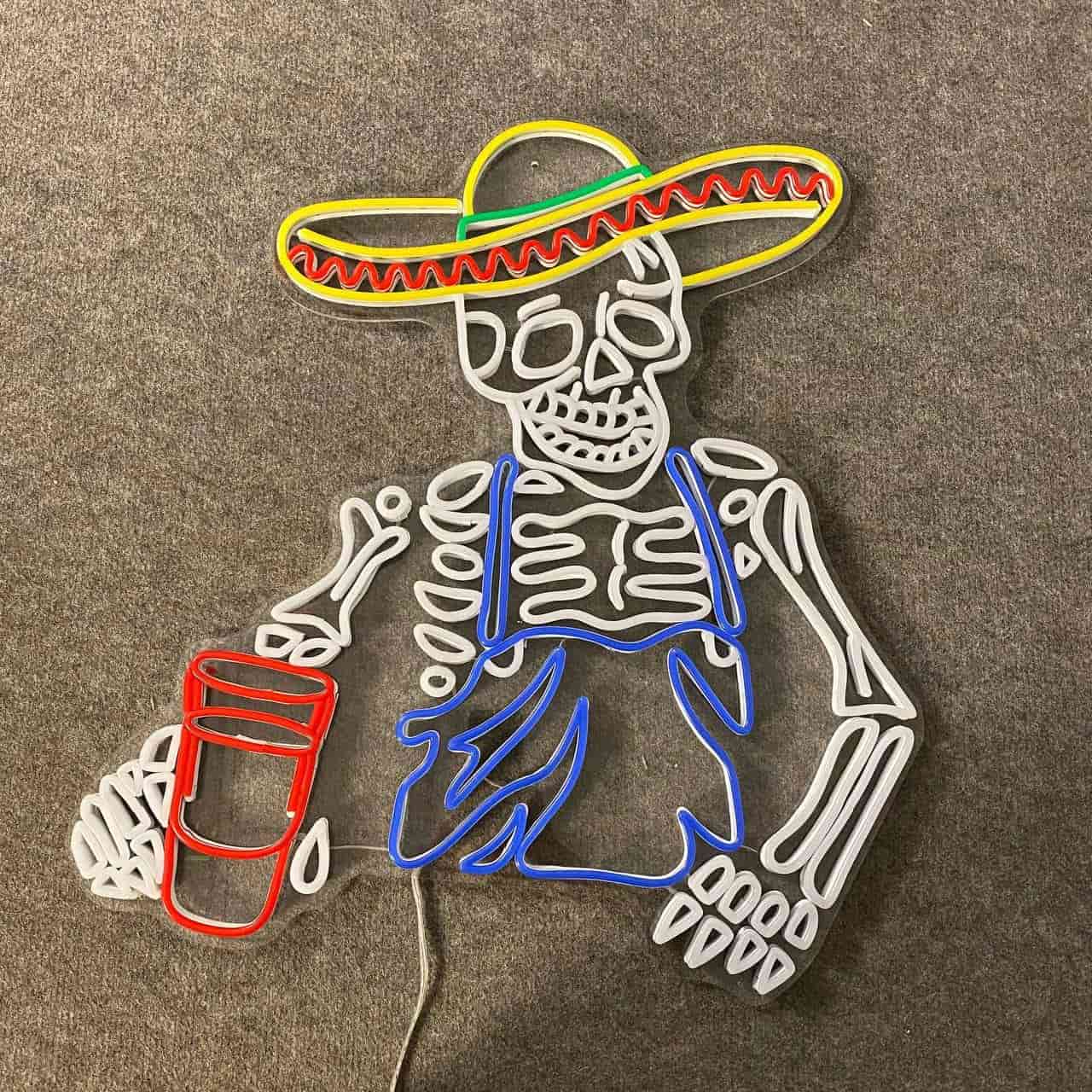 Vibrant Day of the Dead Neon Sign Festive Skeleton with Sombrero for Themed Events and Celebrations