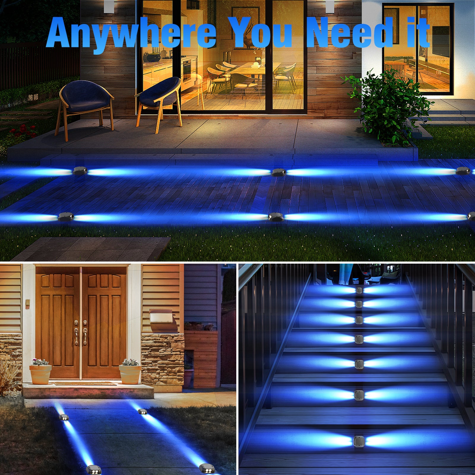 Quntis Solar Deck Lights Outdoor, Two-Way LED Blue Light Ground Lights, IP65 Waterproof Dusk to Dawn Lighting for Pathway, Step, Driveway and Garden