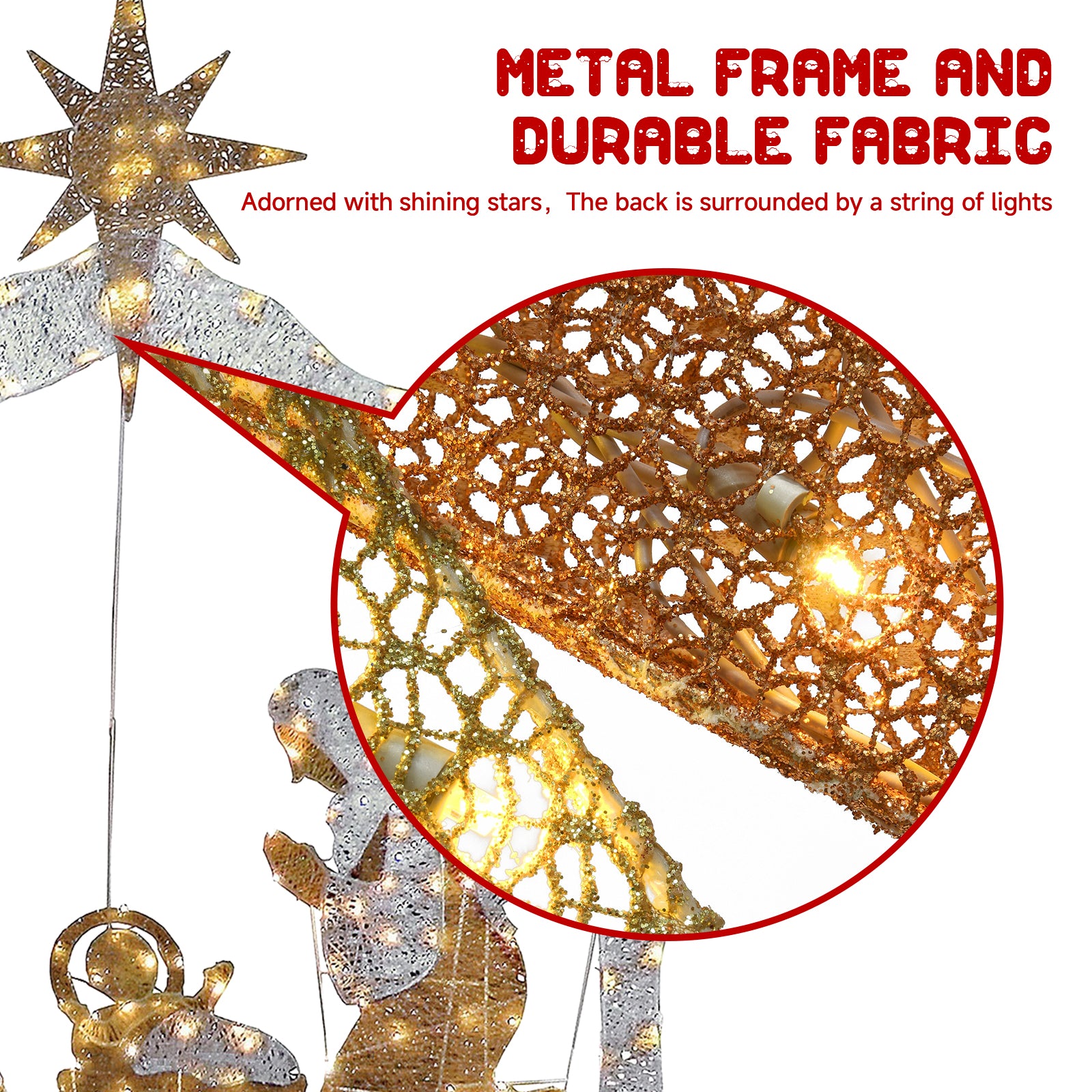 زينة فناء عائلة المسيح المقدسة لعيد الميلاد، تشمل أضواء LED بيضاء صغيرة مسبقة التوصيل وأوتاد أرضية. توصيات ضرورية لأضواء عيد الميلاد.