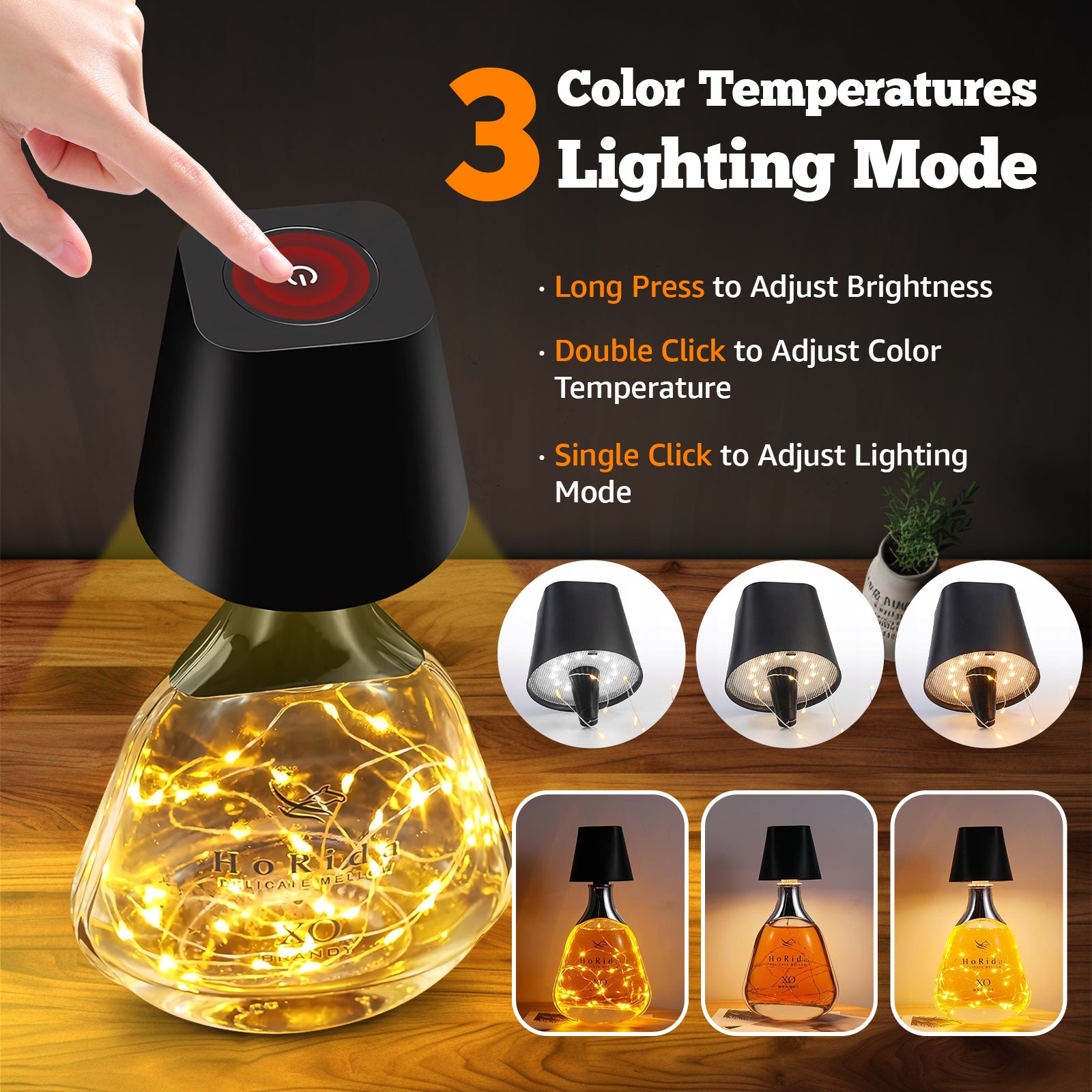 Quntis Cordless Bottle Lamp, Rechargeable LED Wine Bottle Light, Touch Bottle Table Lamp with 2M 40 LED Copper Wire, 3 Color Temperatures Dimming Dining Bar Light for Bedrooms Restaurants Bars